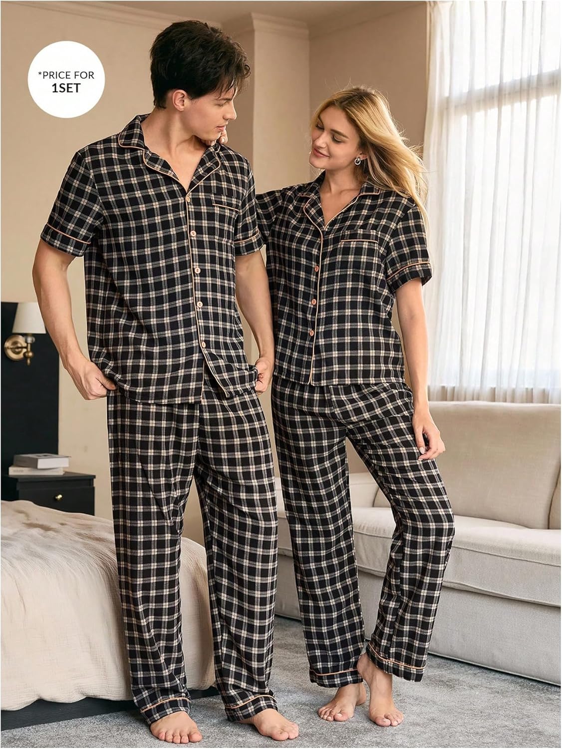 WDIRARA Men's Plaid Pajama Set Short Sleeve Button Down Pants Pjs Set 2 Piece Sleepwear - Image 4