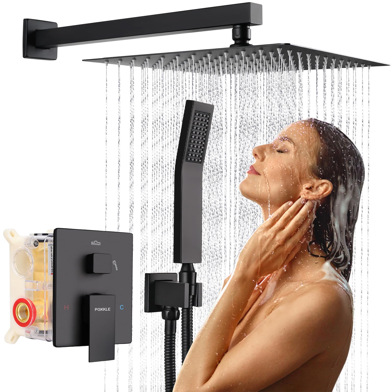10 Inch Rainfall Shower System - Wall Mounted Complete Combo with Solid Brass Pressure Balancing Valve, High Pressure Shower Head, Handle Set &
