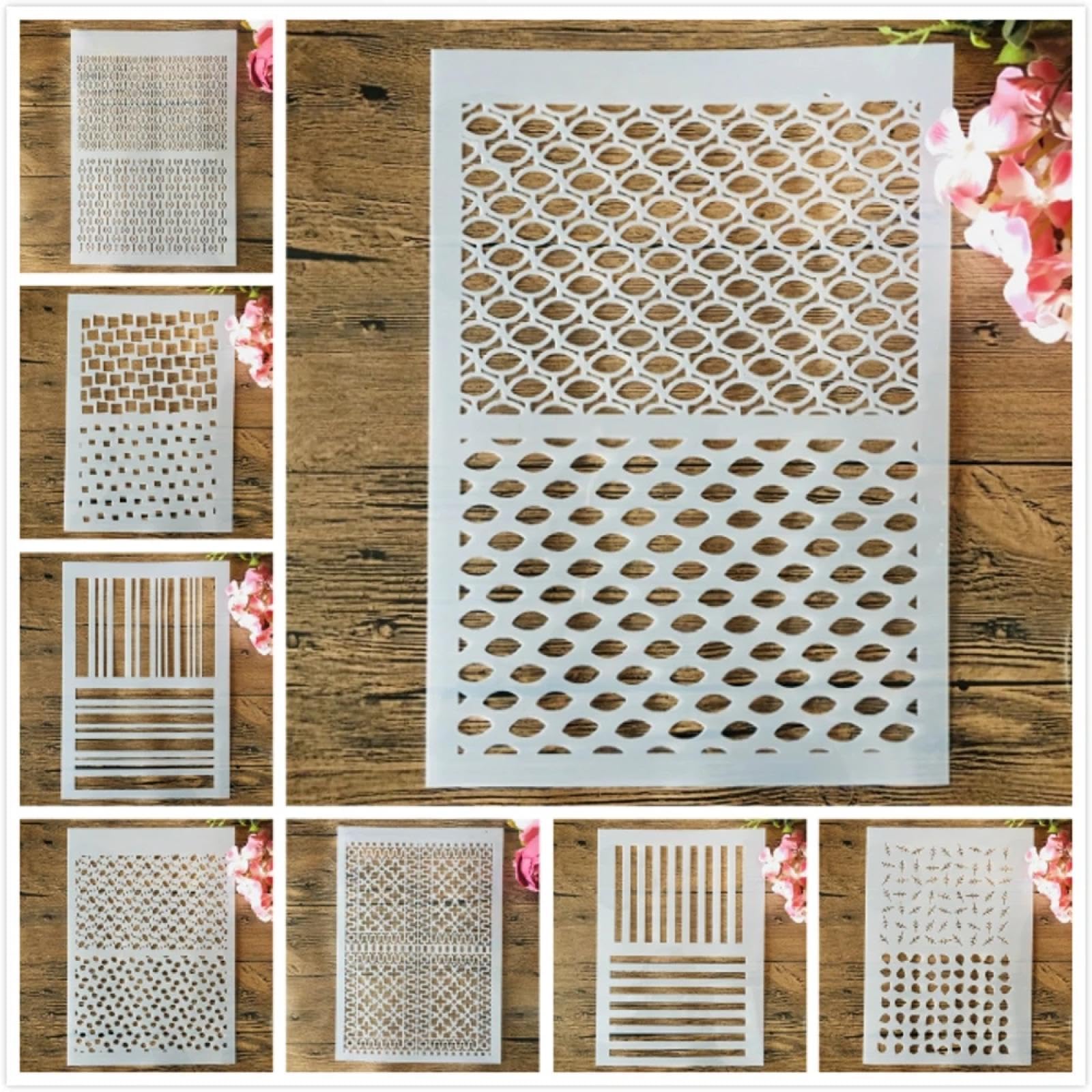 Lot de 8 pochoirs réutilisables pour peinture, format A4, 29 cm, géométrie demi-texture, modèles de dessin pour peinture sur bois, mur, porte, toile, décoration d'intérieur