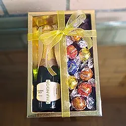 Presente Elegante Gourmet: Chandon Reserve Brut Baby Espumante e Trufas Chocolate Renomado Importado Premium Suíço (Dourado)