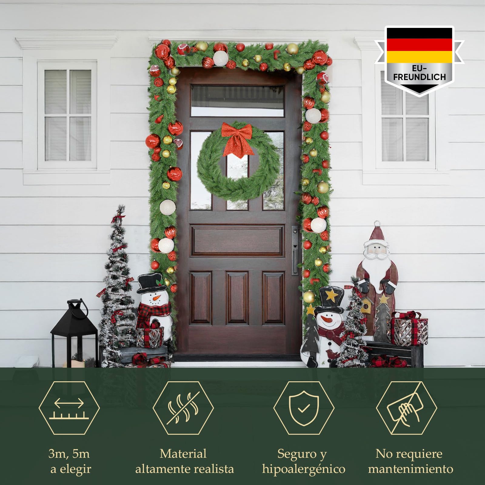 SALCAR DIY Guirnalda de Navidad Verde 5m PE + PVC | Decoración versátil para Interiores y Exteriores | Ideal para Puertas, escaleras, mesas y Eventos Festivos