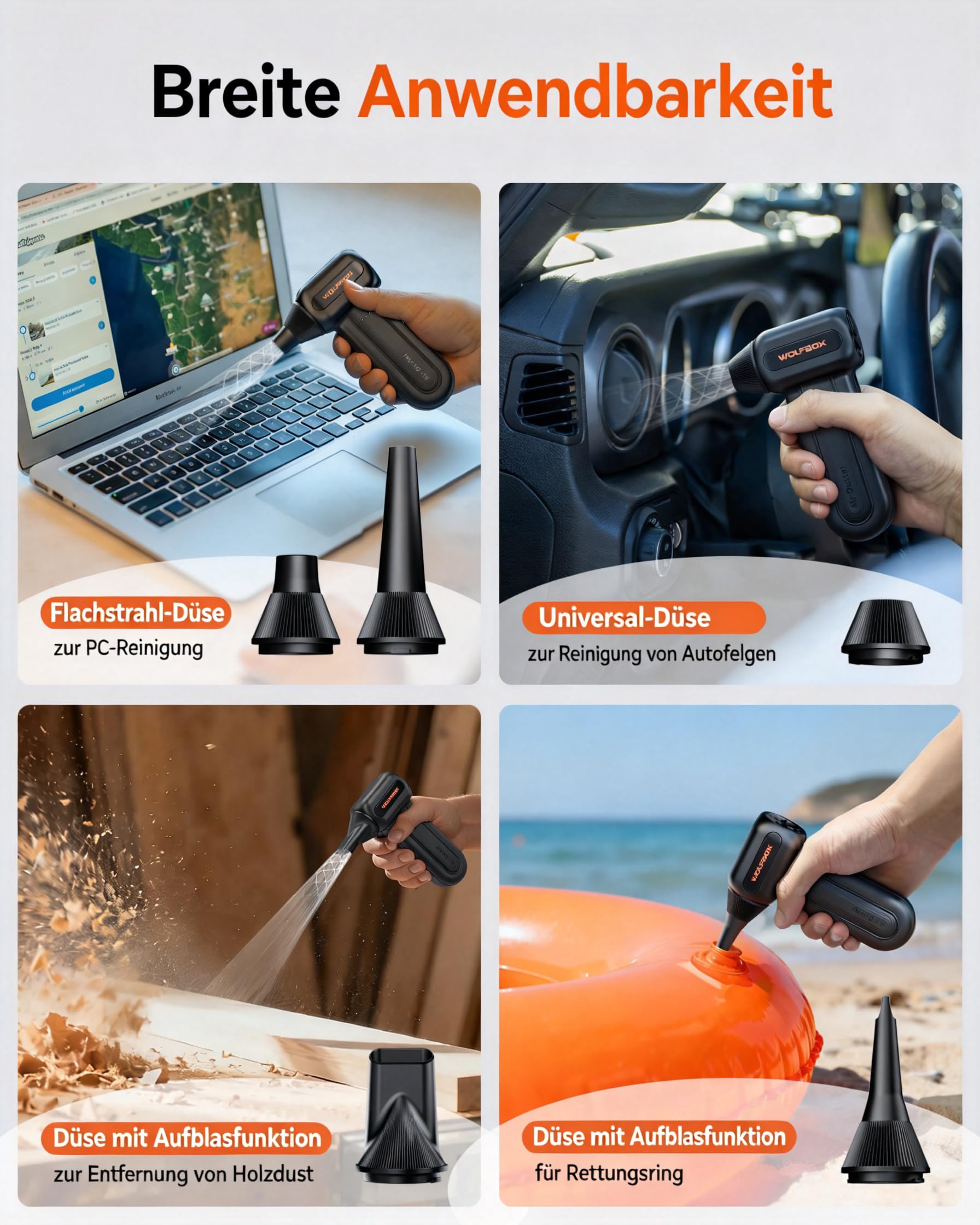WOLFBOX MF60 Elektrisches Staubgebläse 110000 RPM, Kabelloser Air Duster mit Akku, 3-Gang Mini Gebläse, PC Reinigungsset