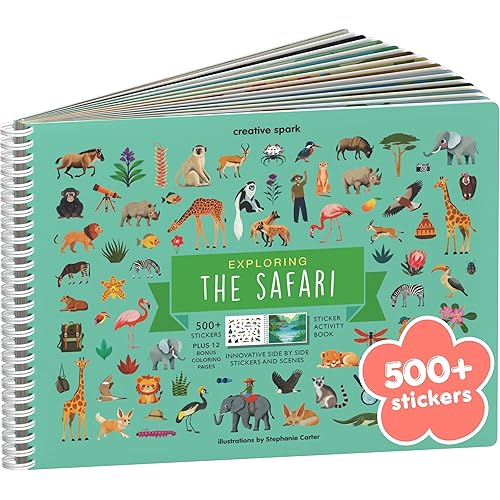 Safari Animals 500+ Kids Sticker Book by Cupkin Toddler Airplane Travel Activity Coloring and Sticker Book, Road Trip Essentials, 12 Coloring Pages 12 Scenes for Ages 2–8 Years