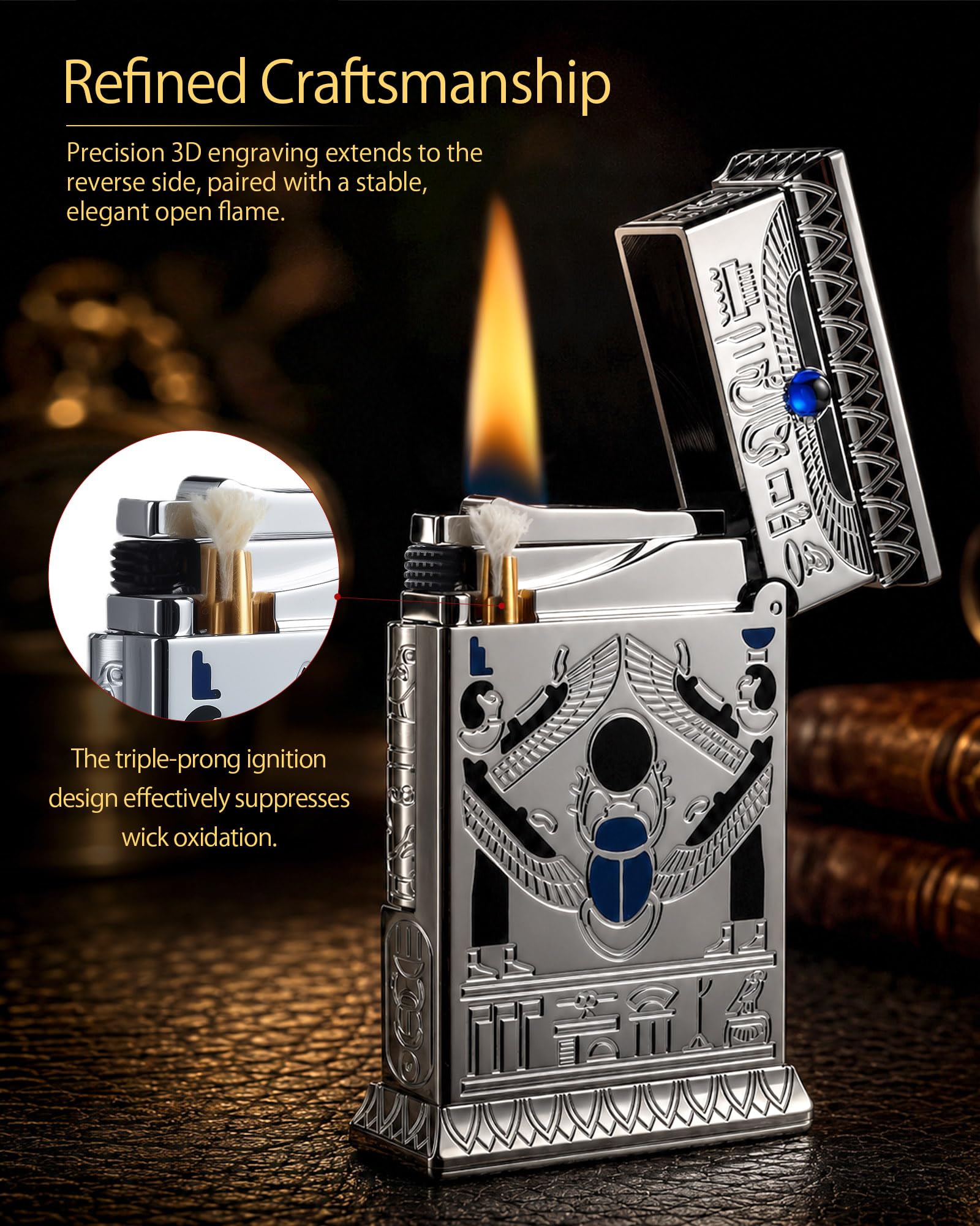 THORENS Pharaoh's Light - Silver Mechero de Queroseno y Latón | Sonido nítido, cromado fino, retro clásico de lujo, recargable, inlay electrochapado, caja regalo, coleccionable hombre