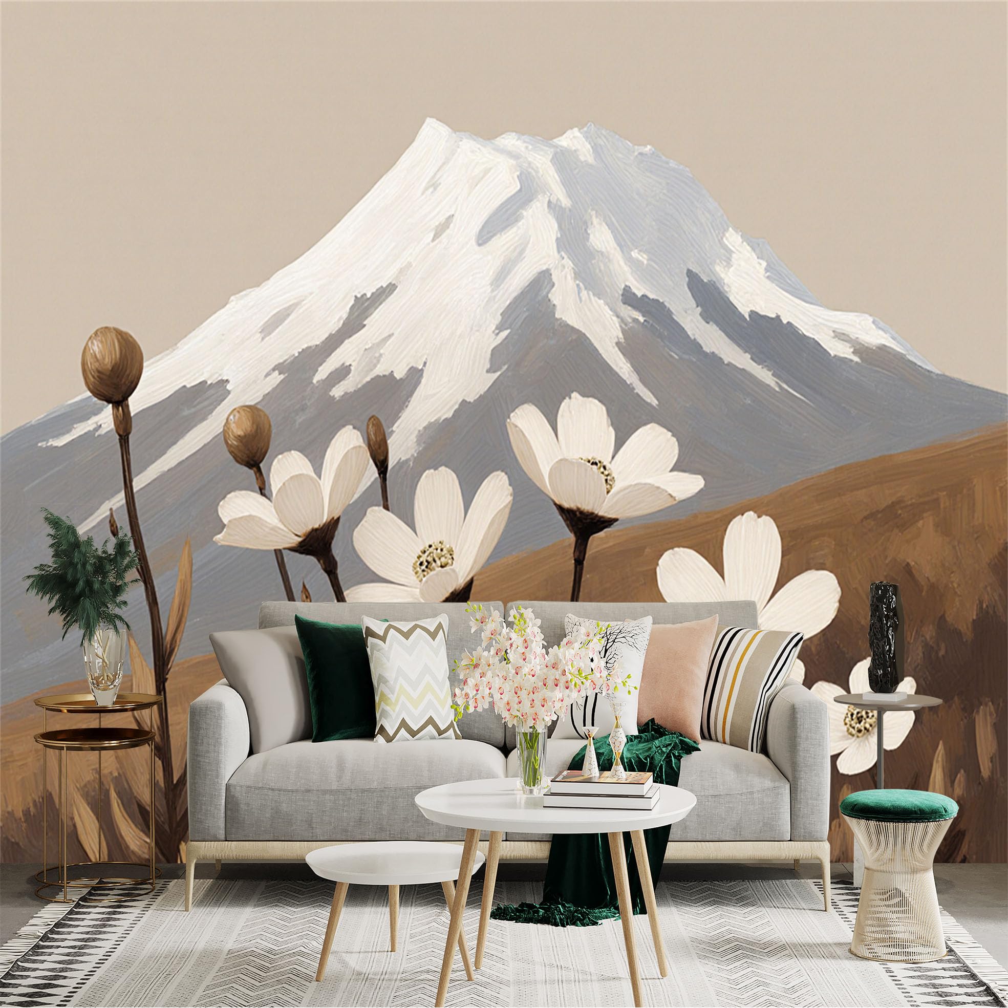 Custom Size Wall Sticker Mural， Snowy Mountain Peak， Abstract White Wildflowers， Oil Painting Style Landscape， for wall Decoration， peelandstick wall Decals.