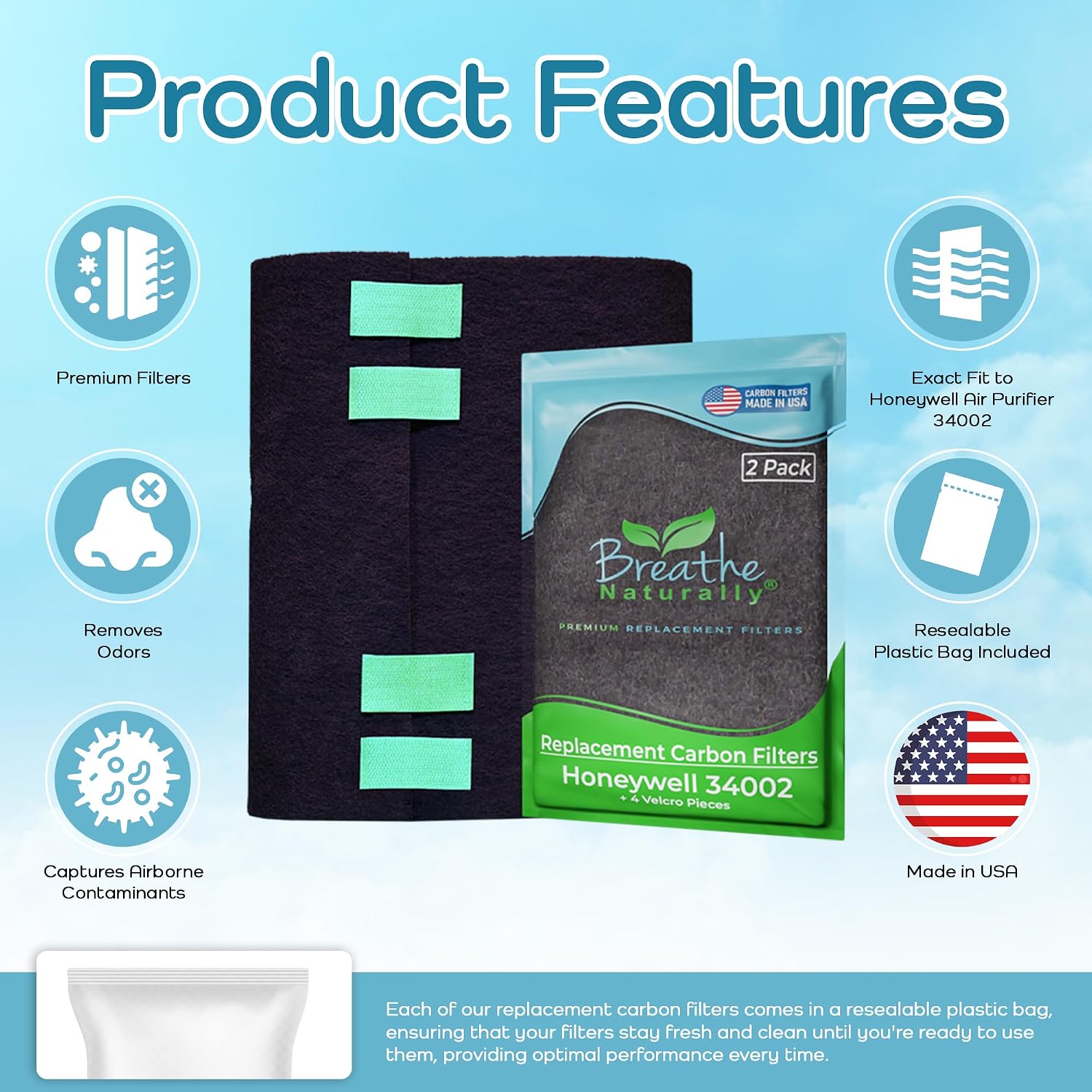 Breathe Naturally Replacement Filters Compatible with Honeywell Air Purifier 34002- Activated Carbon Prefilter - Charcoal Filter Sheet - 10"x48"x0.2" (Pack of 2, Carbon Prefilters) image 4
