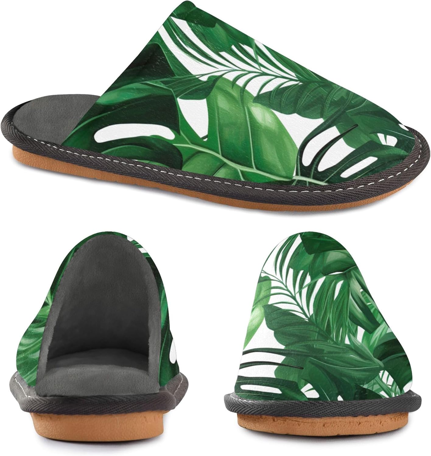 Summer Palm Tree Leaves House Slippers – Cozy Fuzzy Slippers for Guests, Washable & Disposable, Perfect for Shoeless Home, Spa & Hotel Use A110174