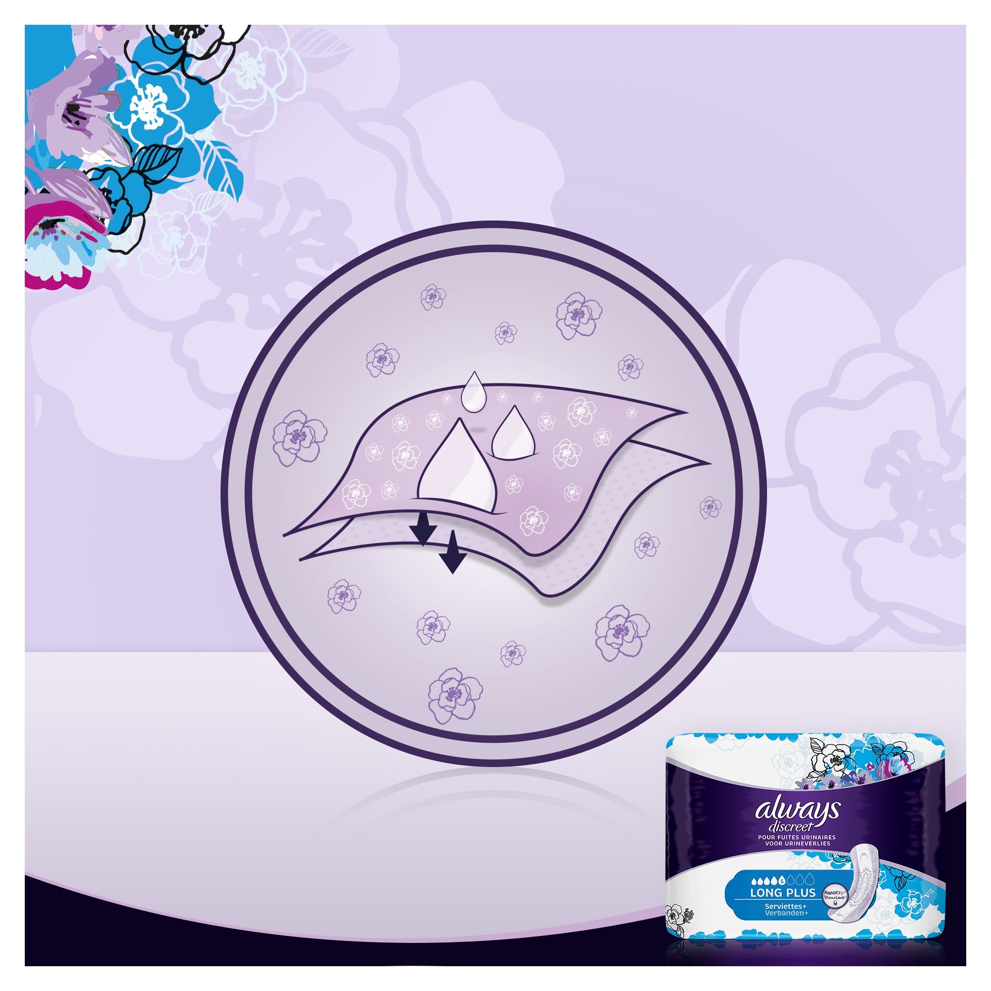 Always Discreet. Compresas largas plus para adultos (incontinencia urinaria), Pack de 2 x 8 unidades