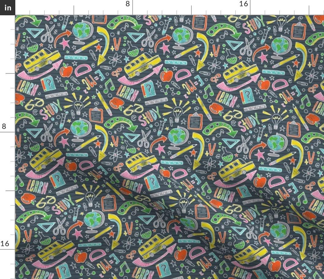 Spoonflower Fabric - School Cool Back Denim Blue Bus Typography Arrows Illustration Sketch Printed on Petal Signature Cotton Fabric by The Yard - Sewing Quilting Apparel Crafts Decor
