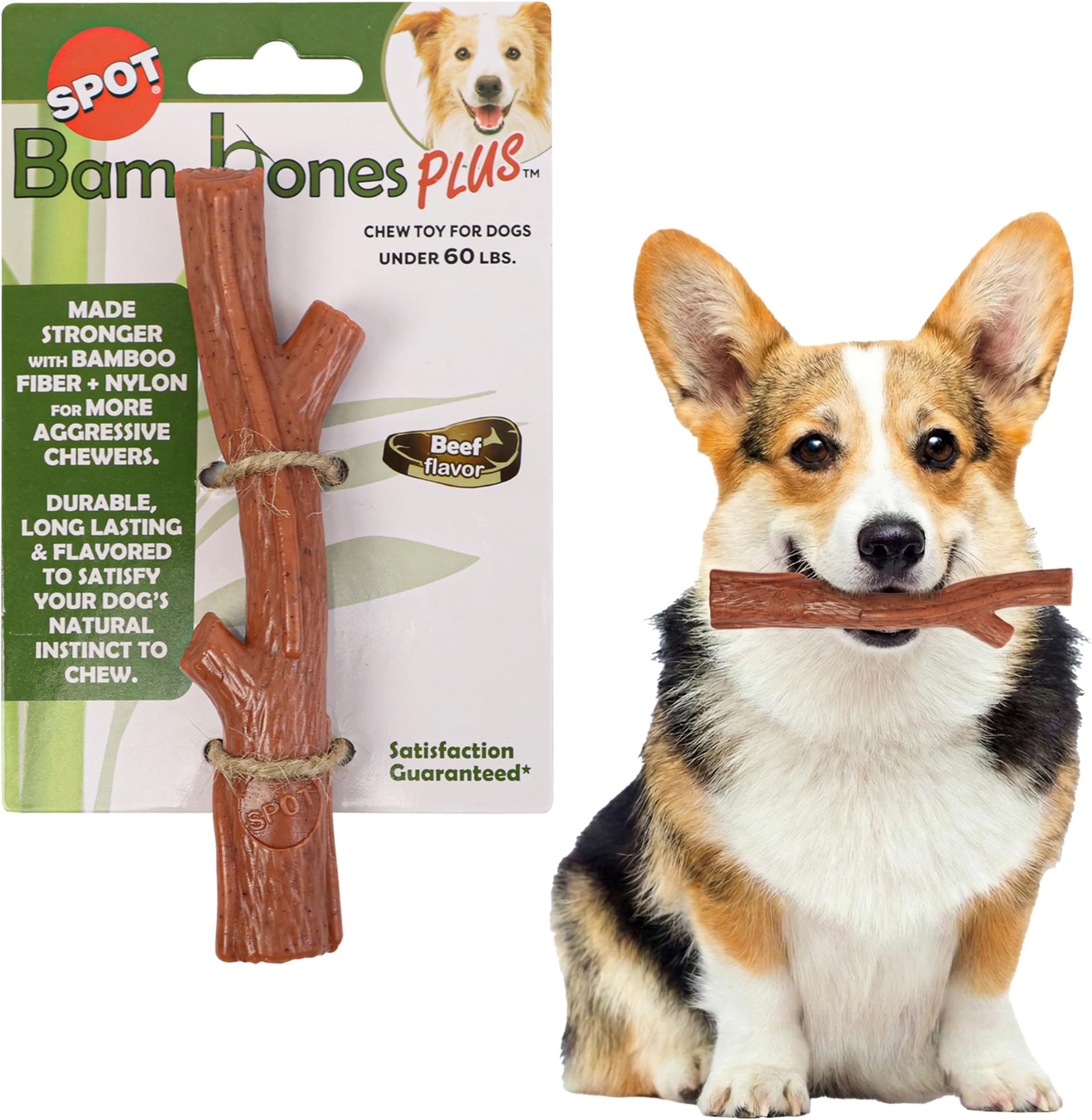 Bam-Bones Plus Branch -Bamboo Fiber & Nylon, Durable Long Lasting Dog Chew for Aggressive Chewers – Great Toy for Adult Dogs & Teething Puppies Under 60lbs, Non-Splintering, 5.75in, Beef Flavor