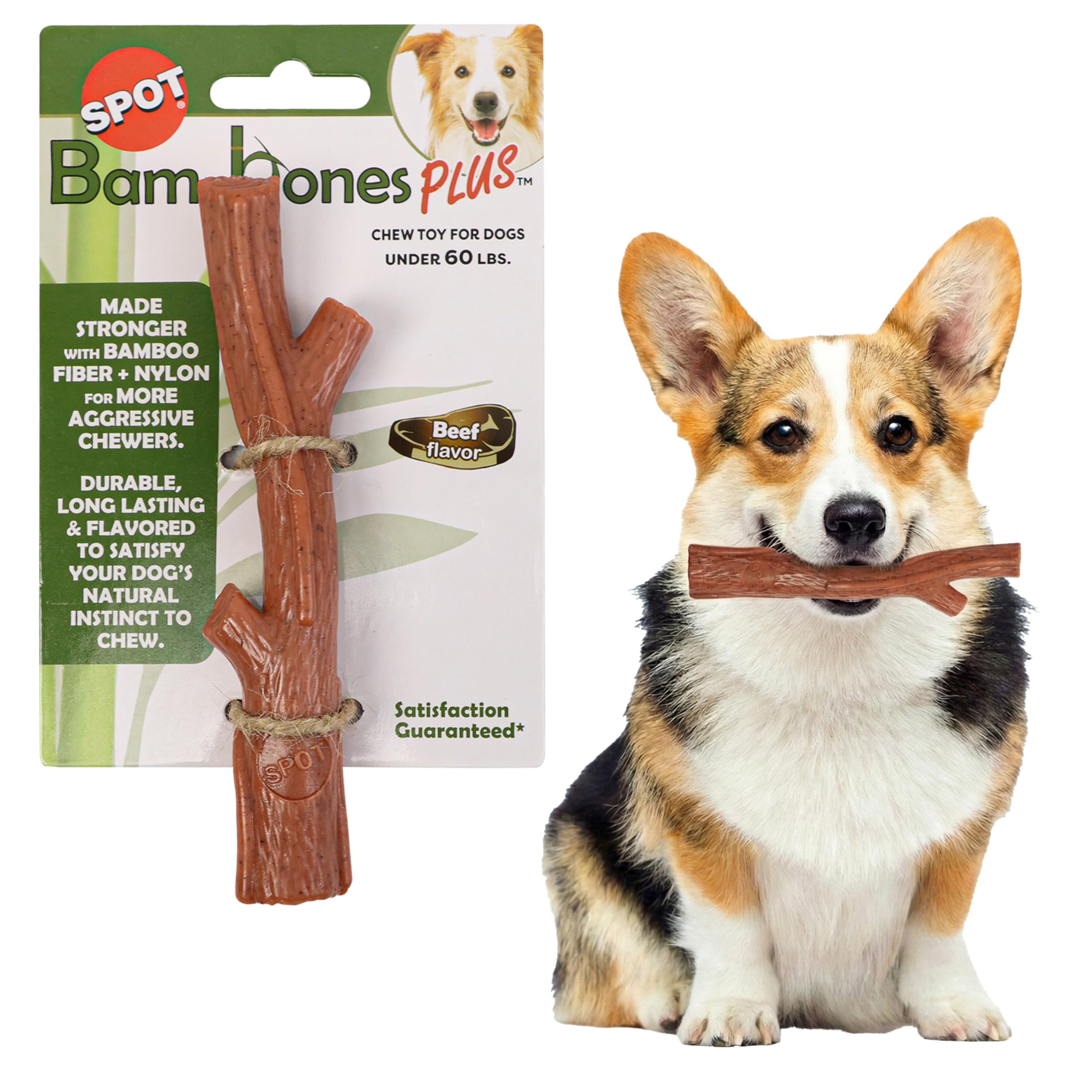 SPOT Bam-Bones Plus Branch -Bamboo Fiber & Nylon, Durable Long Lasting Dog Chew for Aggressive Chewers – Great Toy for Adult Dogs & Teething Puppies Under 60lbs, Non-Splintering, 5.75in, Beef Flavor