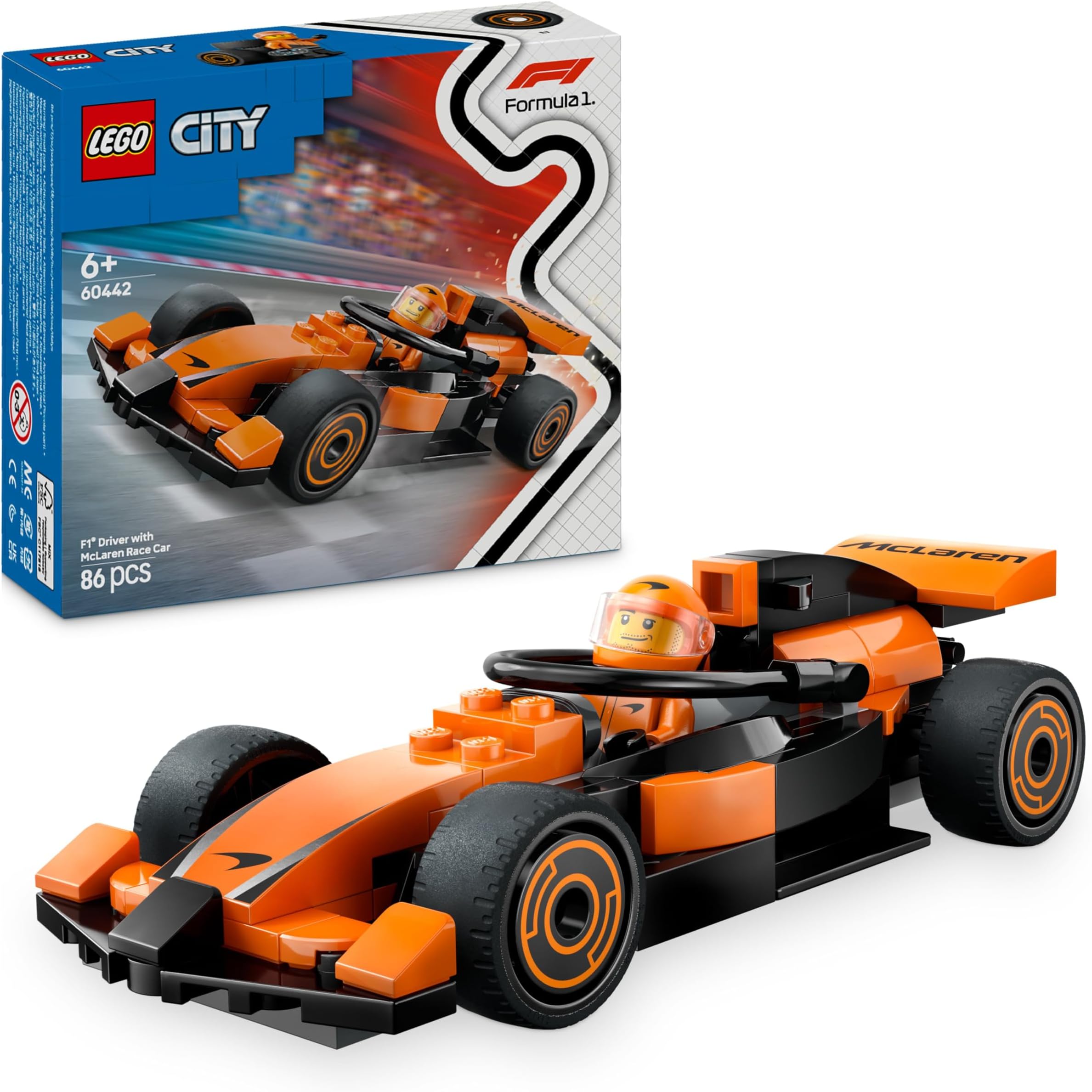 City F1 Driver with McLaren Race Car - Formula 1 Building Toy with a Racing Driver Minifigure - Small Birthday Gift Idea for 6+ Year Old Boys & Girls or Adult Motorsport Fans - 60442