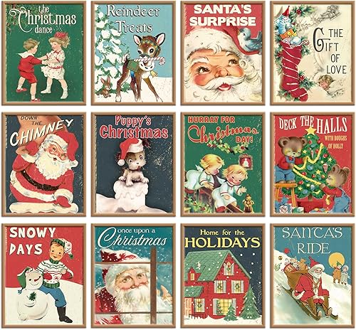12 impresiones artísticas vintage de Navidad, árbol de Navidad, muñeco de nieve, póster retro para decoración de pared para galería, sala de estar,