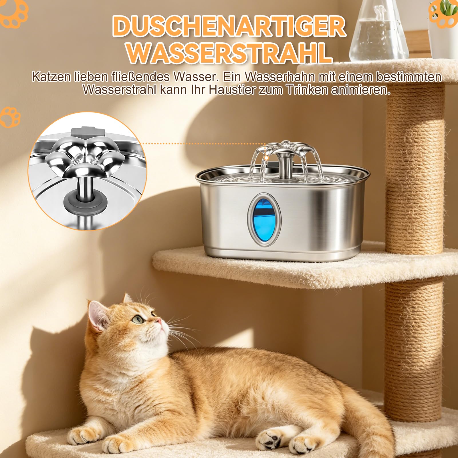Katzentrinkbrunnen Trinkbrunnen für Katze mit 2 Filter 2 Schwamm | 3,2L, Ovales Sichtfenster, Leiser Betrieb, Edelstahl 304, mit USB-Anschluss, TY12