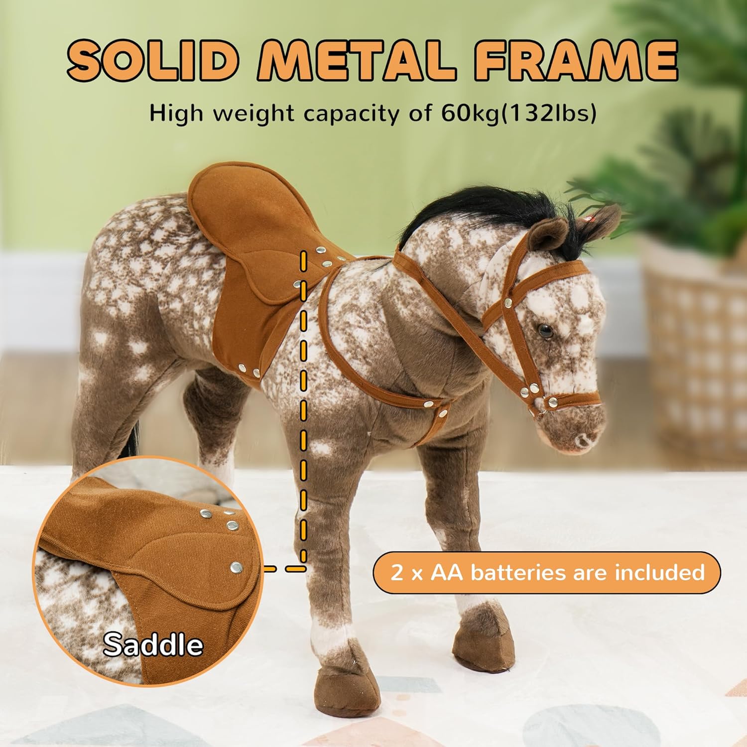 Qaba Ride on Horse, Riding Horse with Neighing Sound, Saddle, Ride on Animal for Kids Boys Girls 3-8 Years Old, Brown