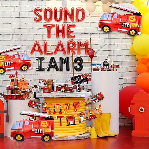 Miniatura 4 de LaVenty Sound The Alarm I am 3 - Globos de cumpleaños para decoración de camión de bomberos de tercer cumpleaños, globos de bomberos, decoración de