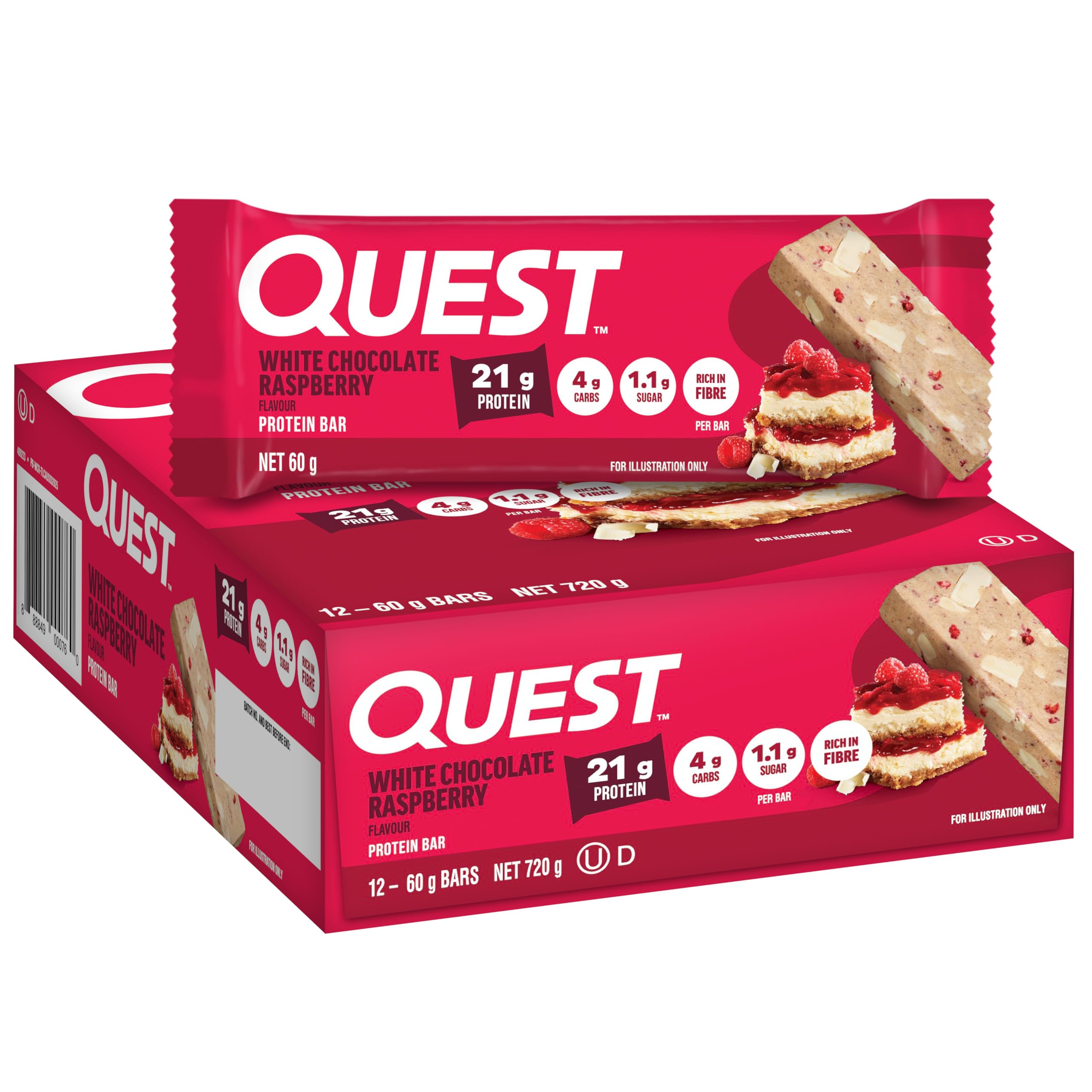 Quest Nutrition White Chocolate Raspberry Protein Bars, High Protein, Low Carb, Gluten Free, Keto Friendly, 60gx12 Count