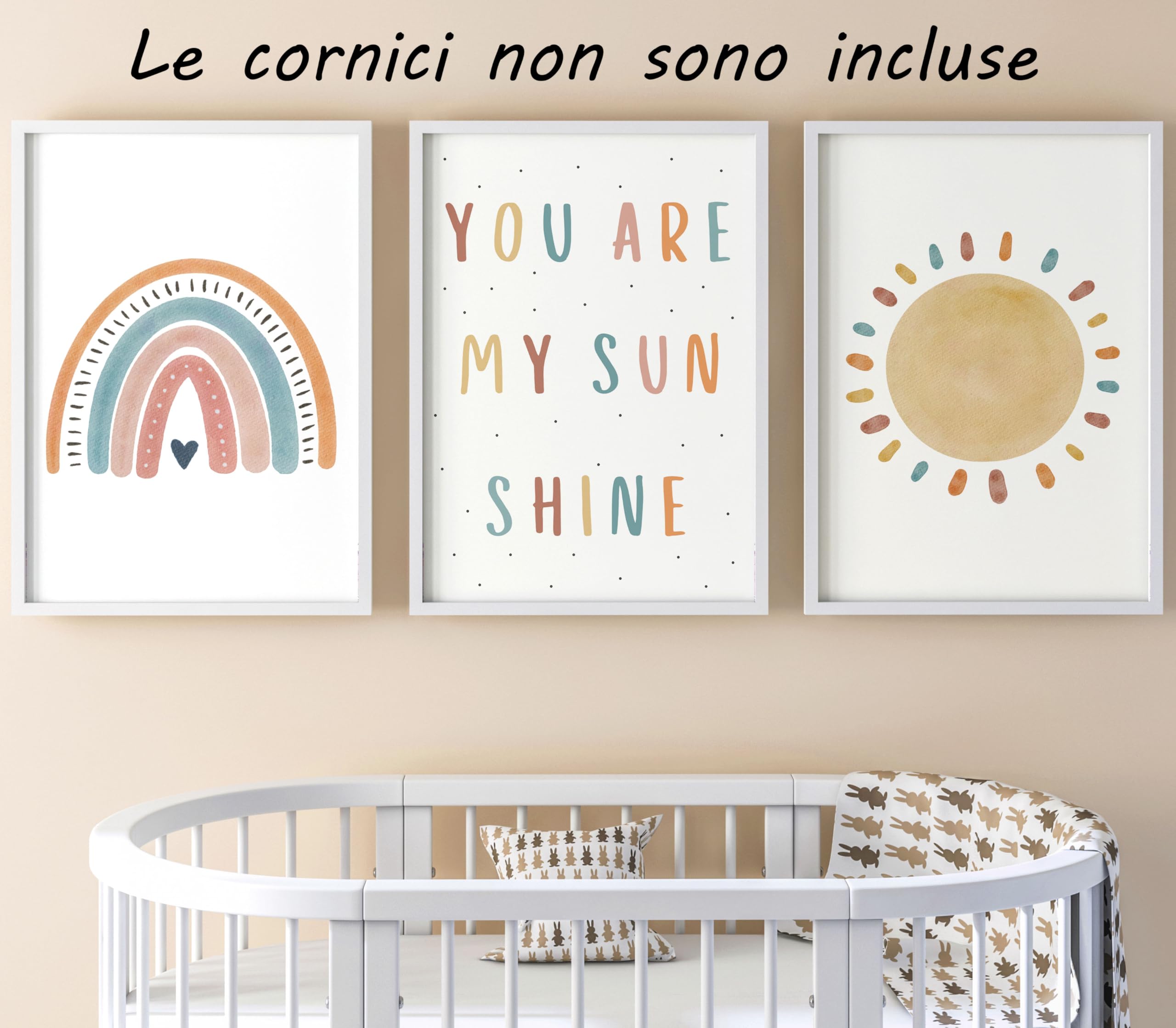 Eviepops Prints Quadri Cameretta Bambini “You Are My Sunshine” Set di 3 Stampe Boho Arcobaleno e Sole Senza Cornice, Decorazione Parete (A3)