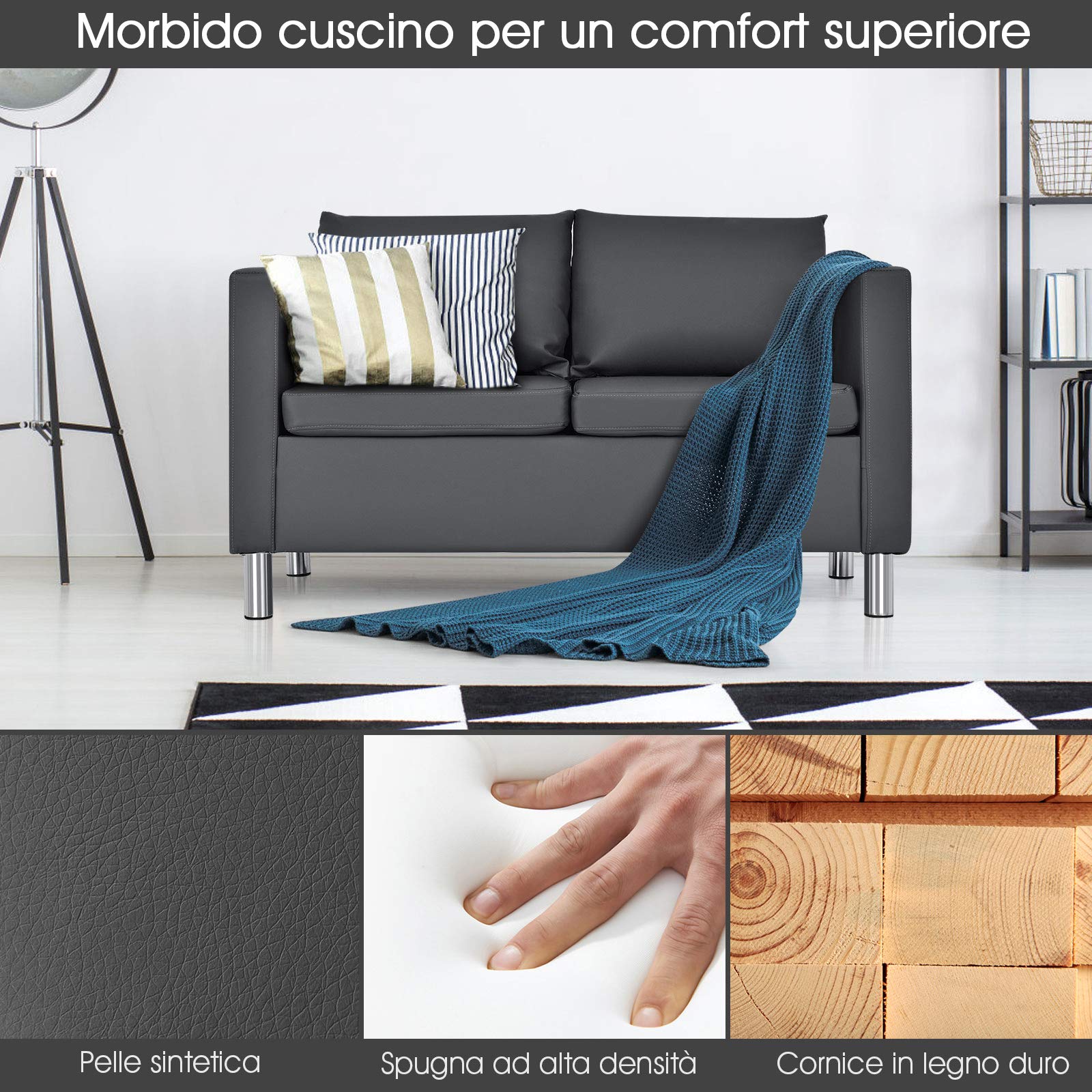 COSTWAY Divano a 2 Posti, Divano Moderno con Cuscino Morbido, Gambe in Legno di Gomma, In Similpelle PU, Carico 240 kg, 120x60x62,5 cm
