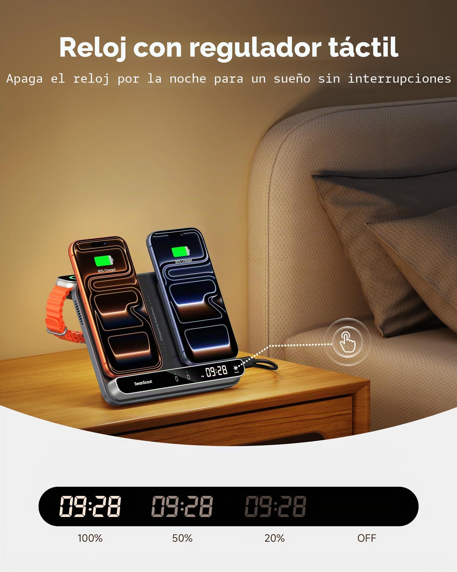 SwanScout Doble Cargador Inalámbrico para iPhone 17/Air/17e/16/15/14/13/12 | Estación de Carga para Apple Watch 11/10/9/8/7/Ultra 3/SE 3 y AirPods 4/Pro 3, Dual Wireless Charger para 2 iPhone, 710A