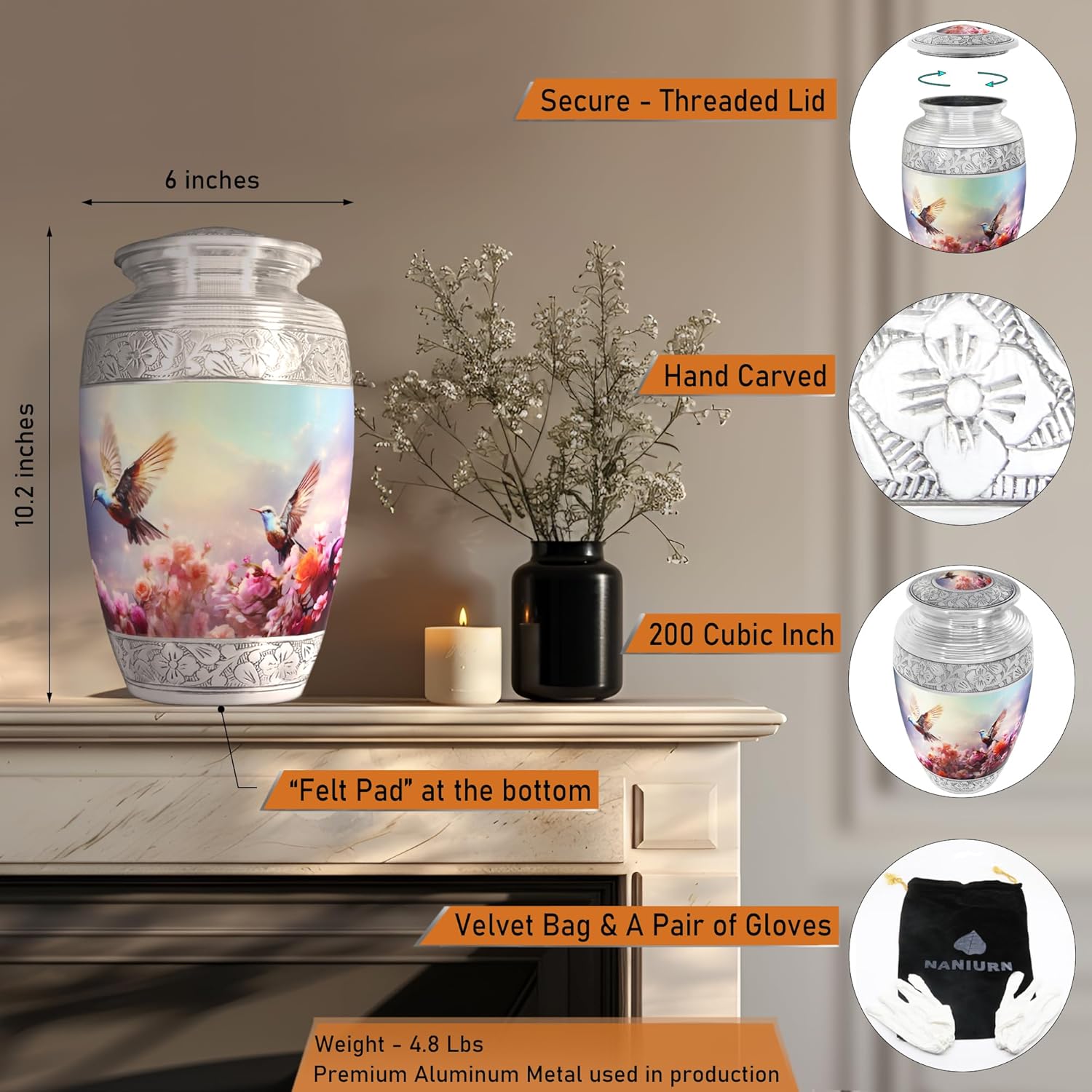 Urn for Ashes for Women or Men, Cremation Urns for Human Ashes Adult Female and Male, Funeral Decorative, Burial, Flying Hummingbird Urn, Pink Flower and Sky Bird - Large Full Size - Image 2