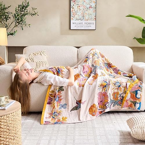 Miniatura 5 de Manta reversible de 100% algodón, ultrasuave, rústica, bohemia, con diseño floral, pájaros y mariposas, decoración con estilo de granja, para todas