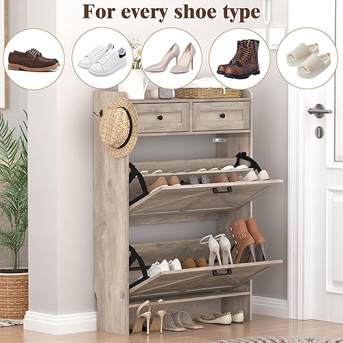 Miniatura 8 de Armario de zapatos con 2 cajones abatibles y 2 cajones de almacenamiento, armario organizador de zapatos estrecho rústico de granja, gabinete