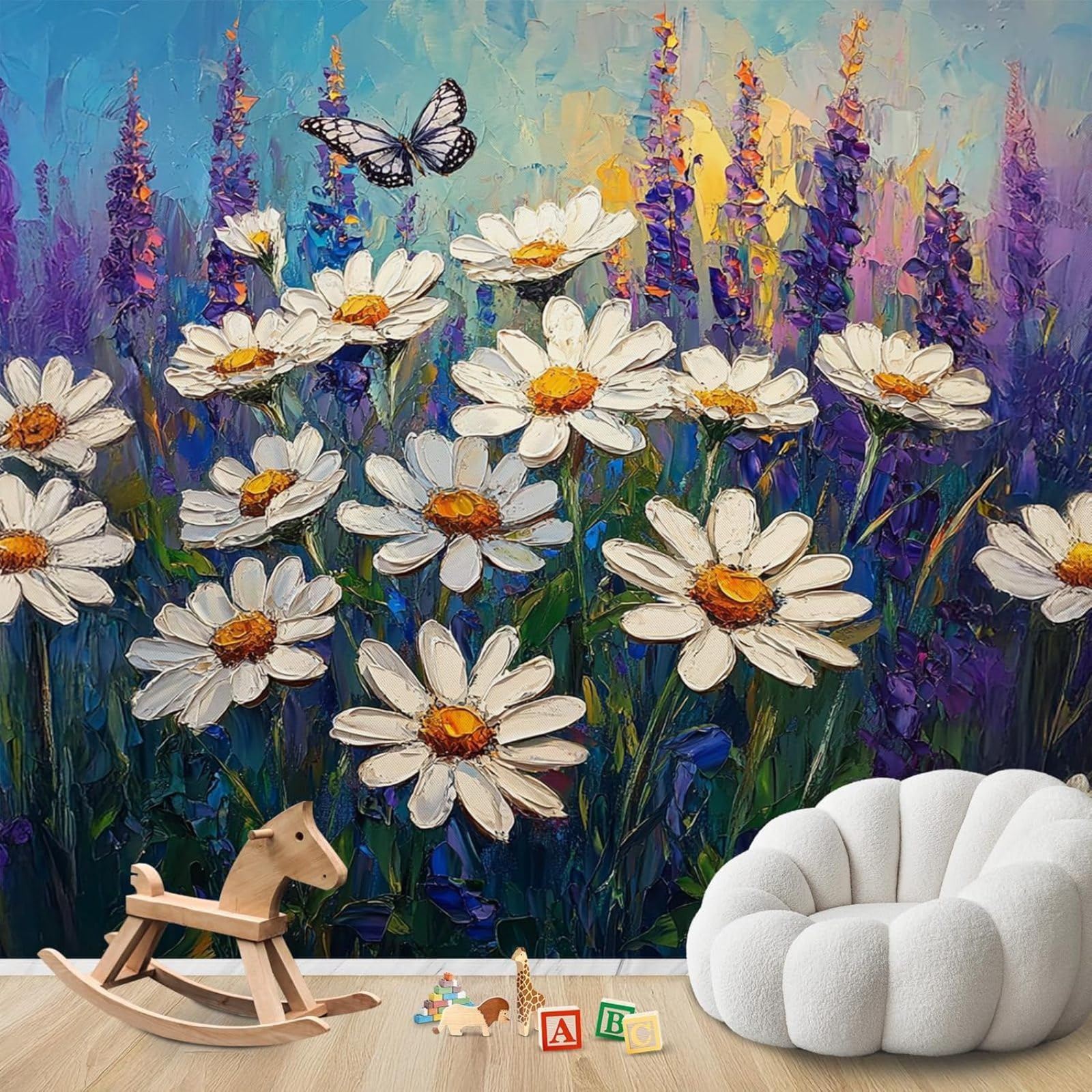 kfjhgbdshhj Photo Wallpaper Wildflowers Daisy Butterfly Non-Woven Modern Living Room Bedroom Children's Room Wall Decoration Motif Wallpaper,400cmx280cm Stickers - Frameless Painting - Poster