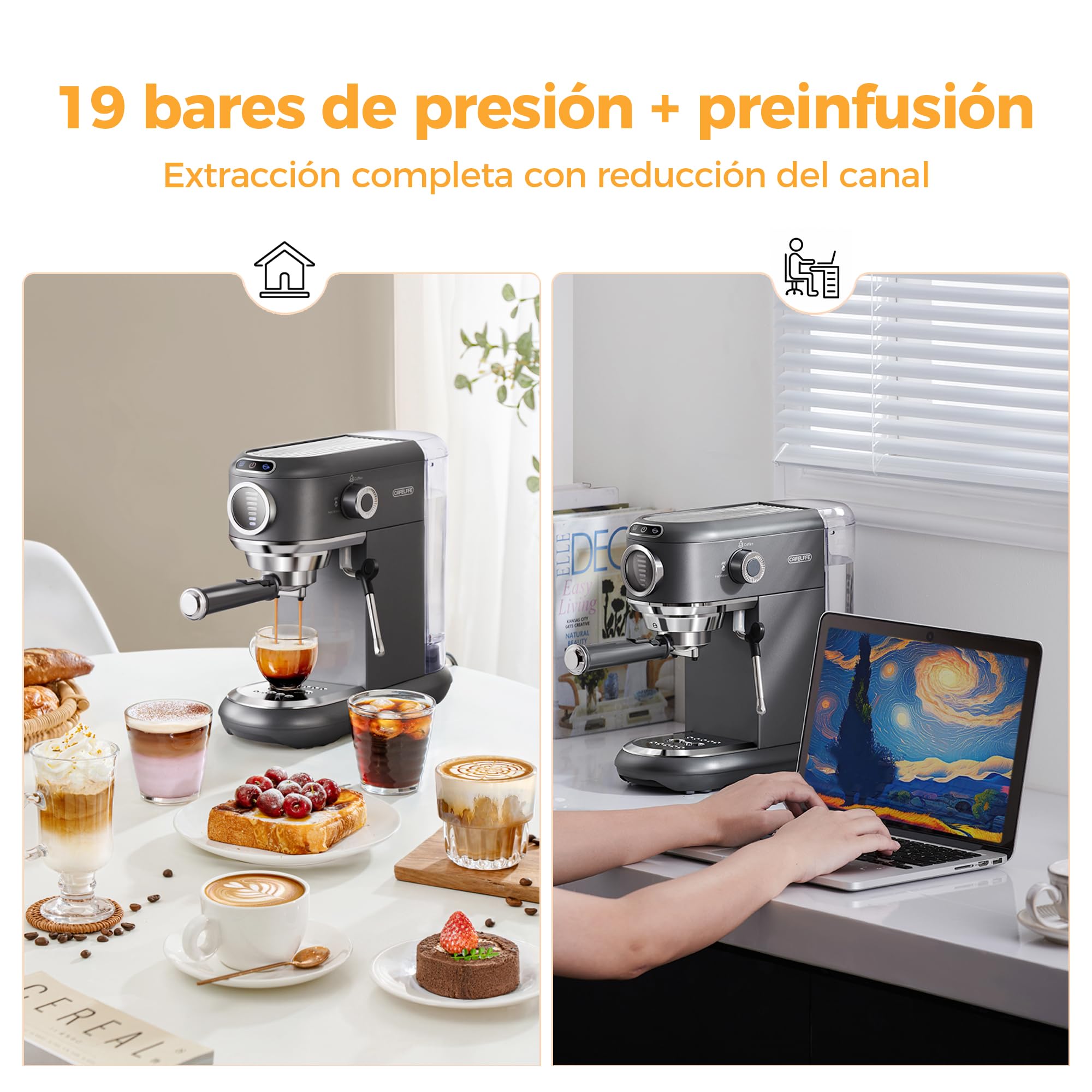 CAFELFFE MK-601F Cafetera 4-en-1, Compatible con Nes Original, DG, ESE y Café Molido, 19Bar Máquina de Espresso con Preparación en Caliente/Frío y Depósito 1,1L