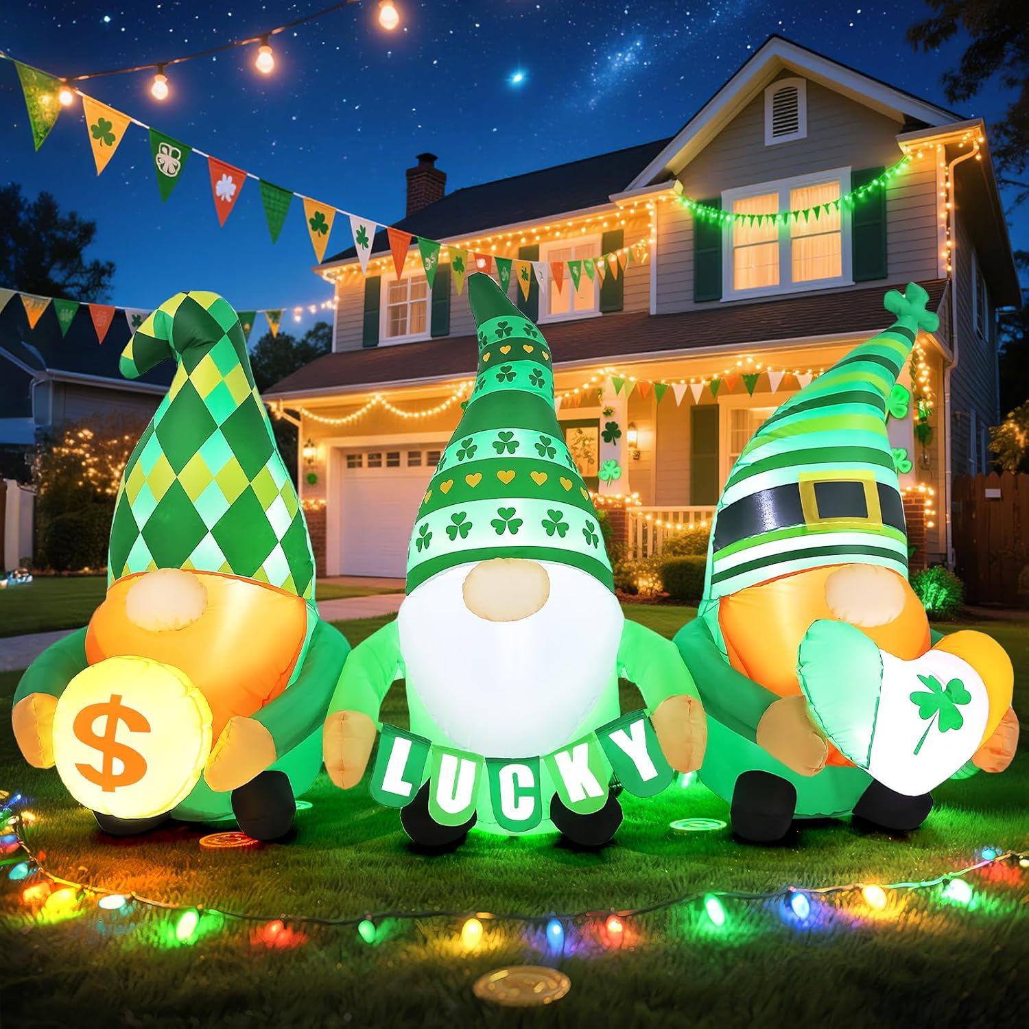 6FT St. Patricks Day Inflatable Outdoor Decorations Gnomes with Gold Coin Shamrock Lucky Leprechaun Irish Elves Blow Up Yard Ornament with Lights for Holiday Home Garden Party St. Patty’s Day Décor