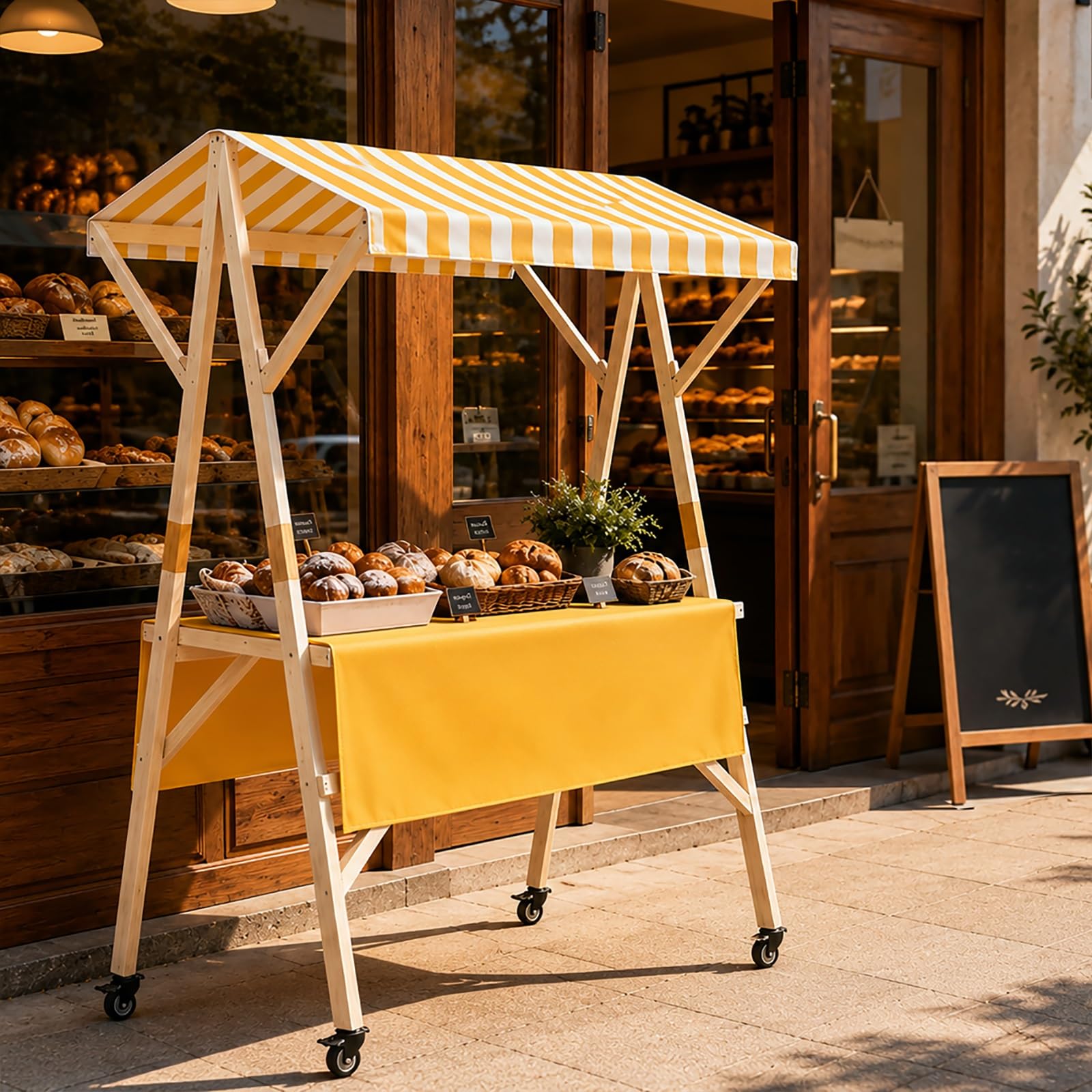 Carrito De Comida Plegable con Toldo, Carrito De Venta para Exteriores con Ruedas, Expositor Portátil, Puesto Comercial para Mercados, Ferias Y Venta Ambulante(Yellow,120cm/47.2in)
