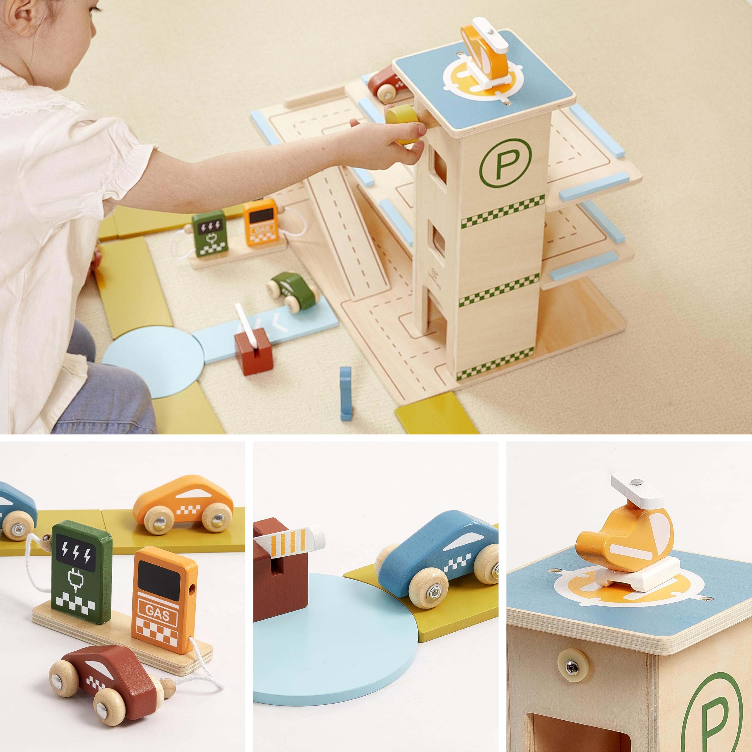 Little Log Garage di Parcheggio in Legno con Accessori per Lavaggio Auto Garage da Gioco con Ascensore Elicottero Set di Giocattoli di Garage in Legno 3 Piani con 21 Pezzi per Bambini e Bambine dai 3