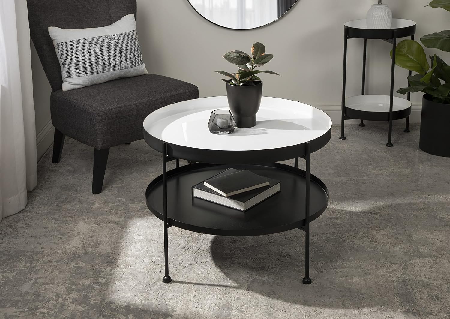 Kate and Laurel Nira Modern Metal Coffee Table; 26 Inch Diameter; White and Black; Decorative Round Two Tier Coffee Table with Sleek Finish and Minimal Design
