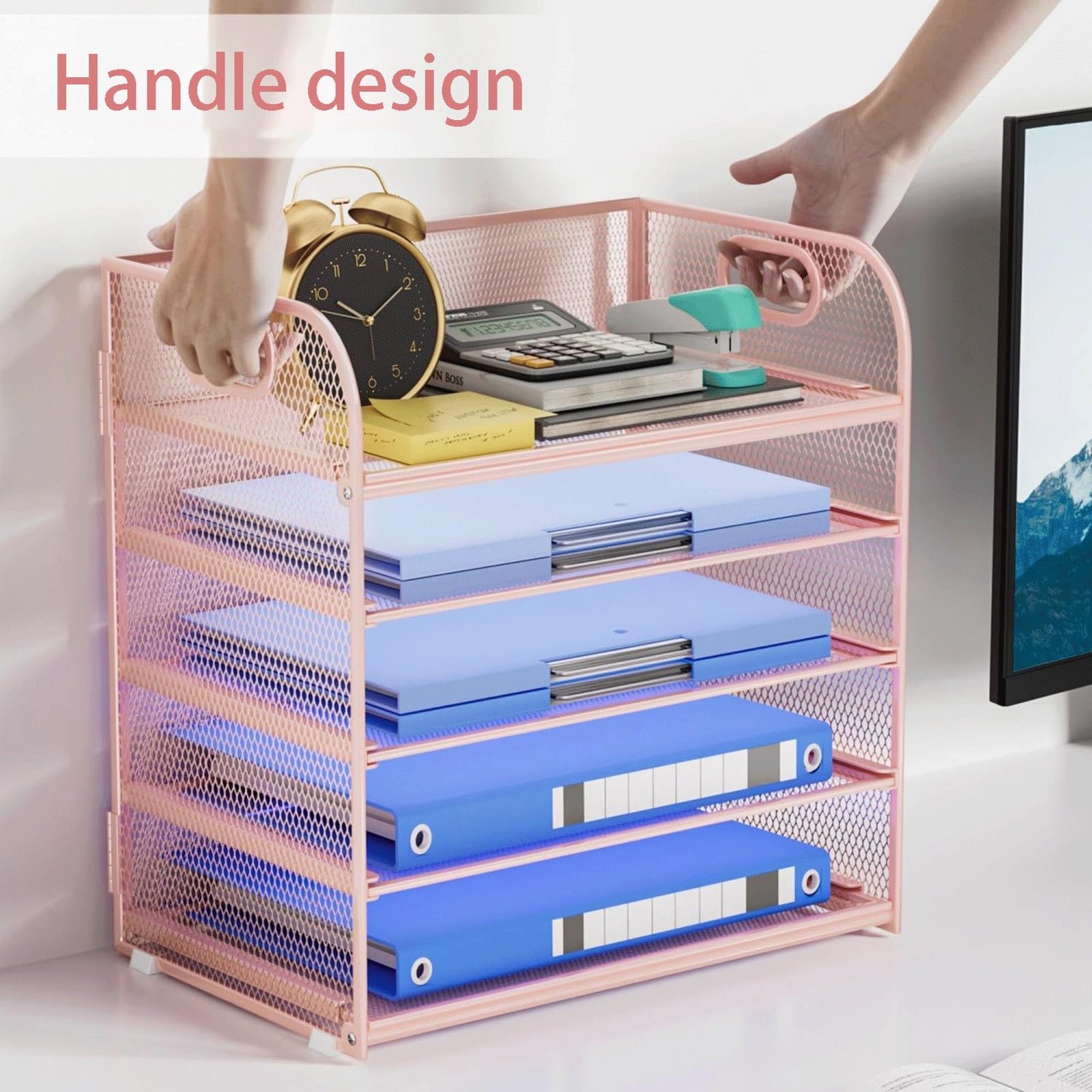 Organizador de escritorio de malla, Organizador de Bandeja de Archivos, Carpetas A4, Cartas, Papel, Bandeja organizadora de Escritorio de Metal(Blue,5-tier)
