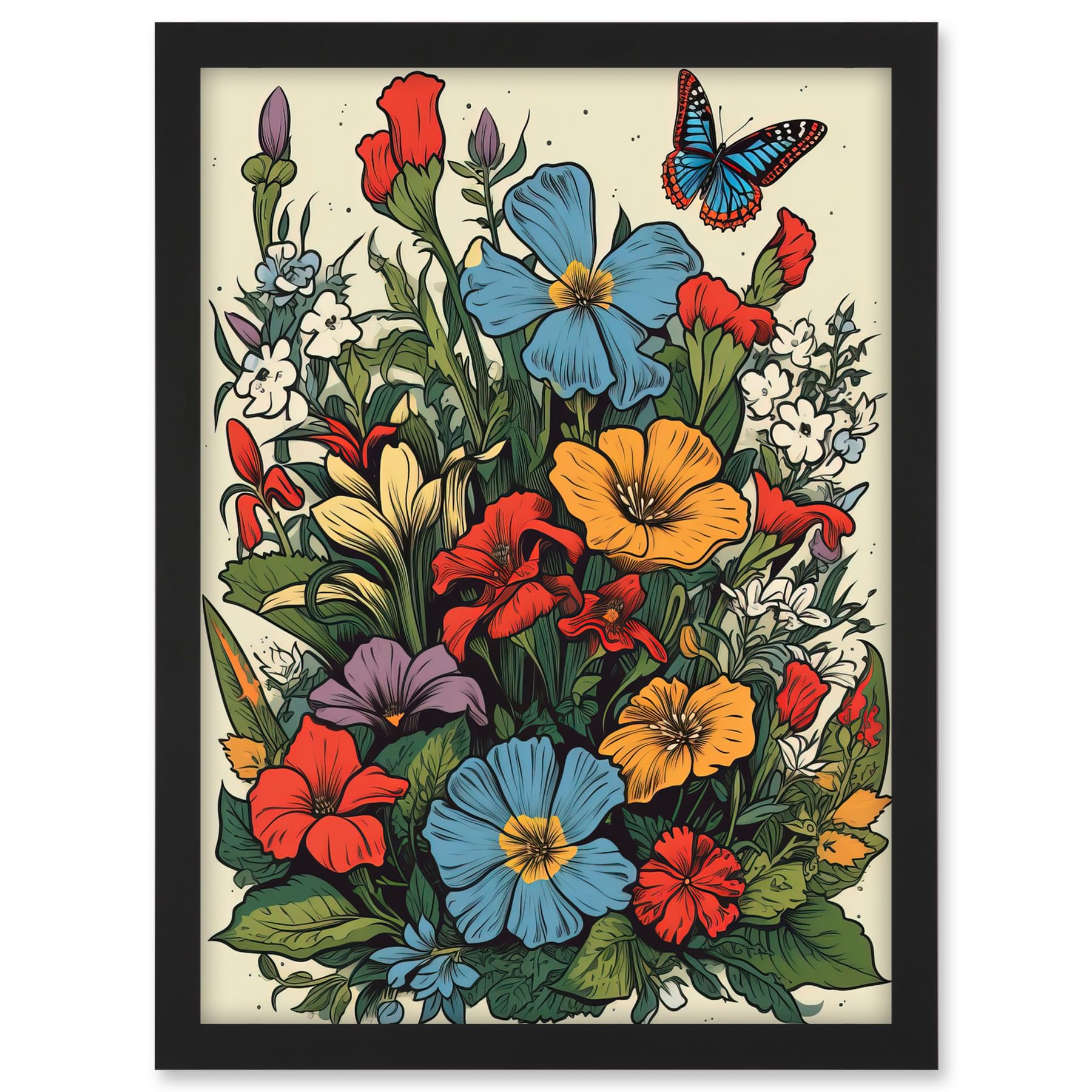 Artery8 Wildflower Meadow Colourful Tattoo Ink Body Art Rockabilly Americana 50s Artwork Framed A3 Wall Art Print