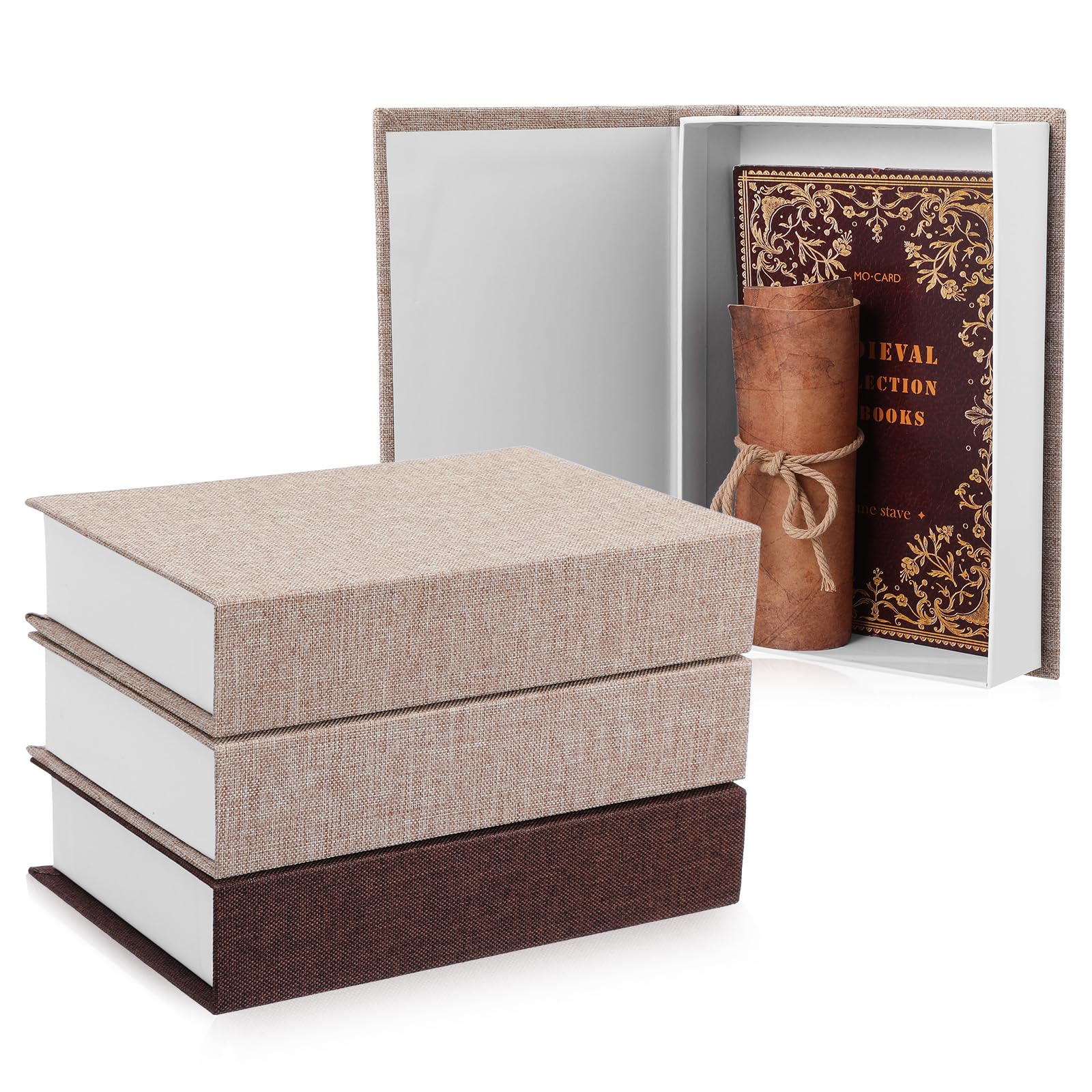 Meyeyaia 3PCS Fake Books for Decoration Dark Brown Light Brown Khaki Linen Faux Book Storage Box 8.6 x 6.1 x 2in Decorative Books for Home Coffee Table Book Shelf Decor