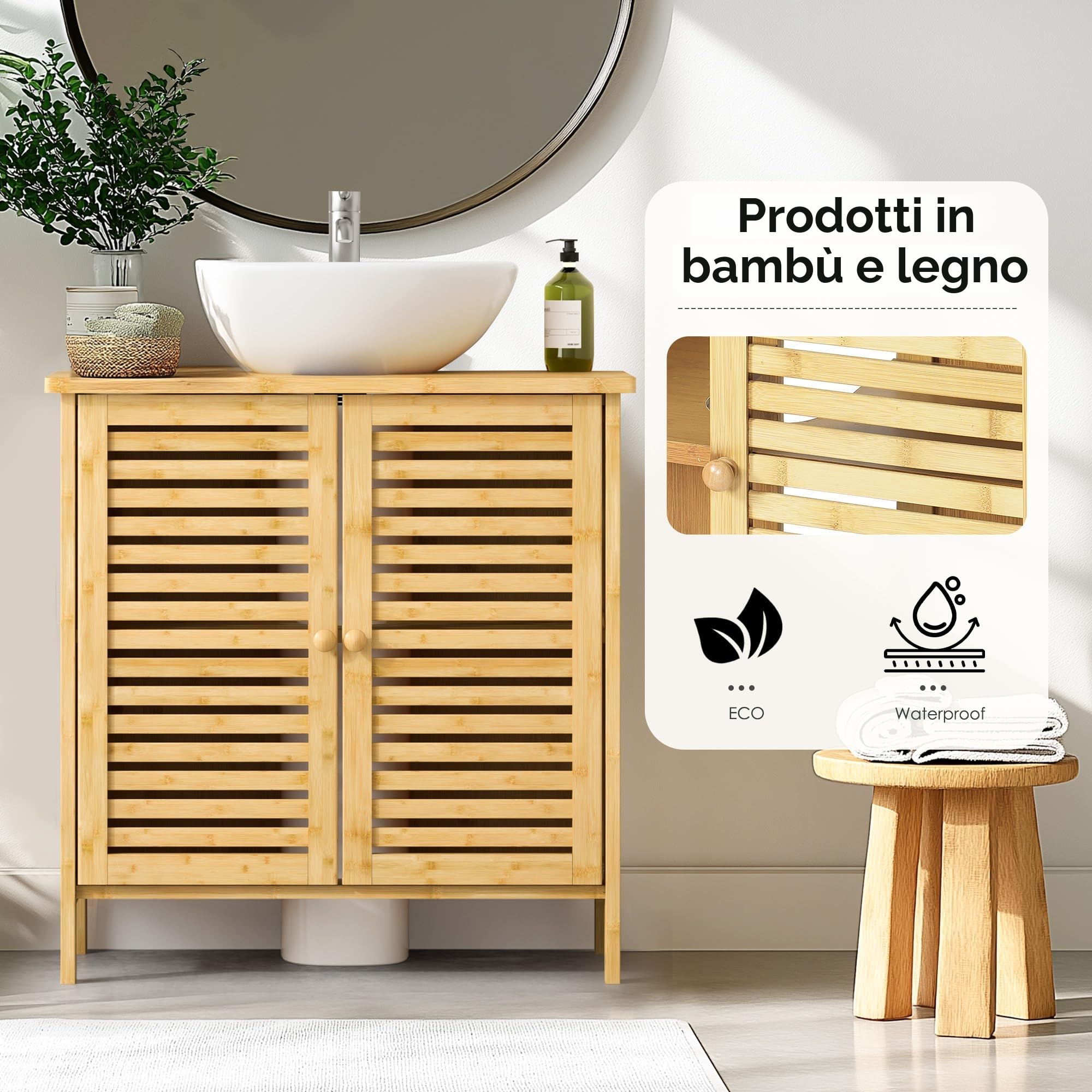 SogesPower Mobile lavabo in bambù, mobiletto lavabo con ante e ripiani, mobiletto per lavandino, mobiletto bagno in bambù