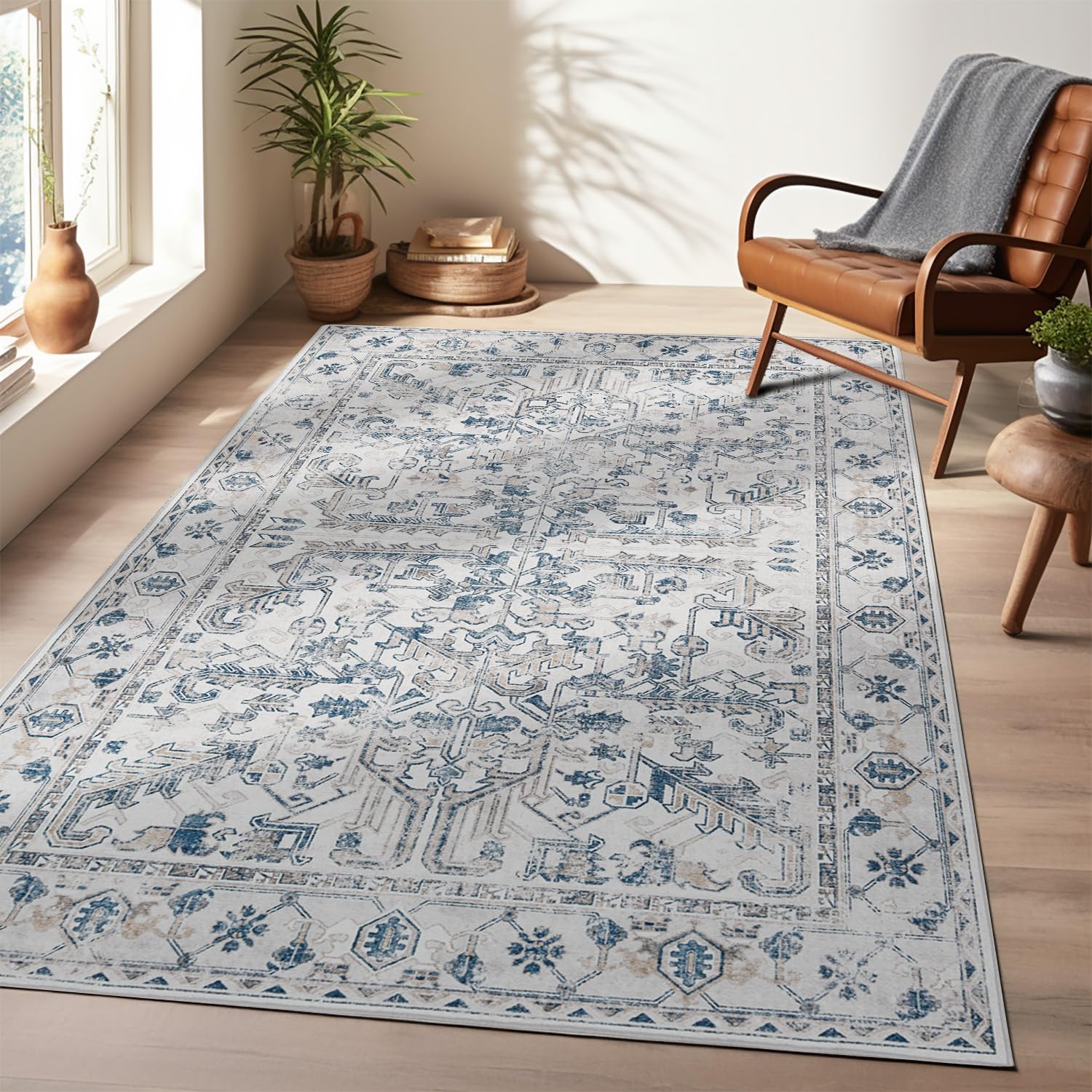 jinchan Area Rug 4x6 Washable Rug Bedroom Vintage Rug Boho Area Rug Non Slip Accent Rug Thin Rug Retro Floral Print Indoor Mat for Living Room Kitchen Blue