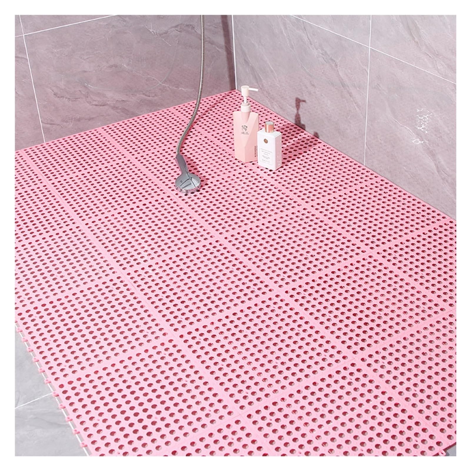QIYFOZ Interlocking Drainage Mats for Shower Non-Slip Surface for Self-Cleaning Bathrooms Stairs Garage - Pink 30x30x0.8cm Set of 16 Pieces