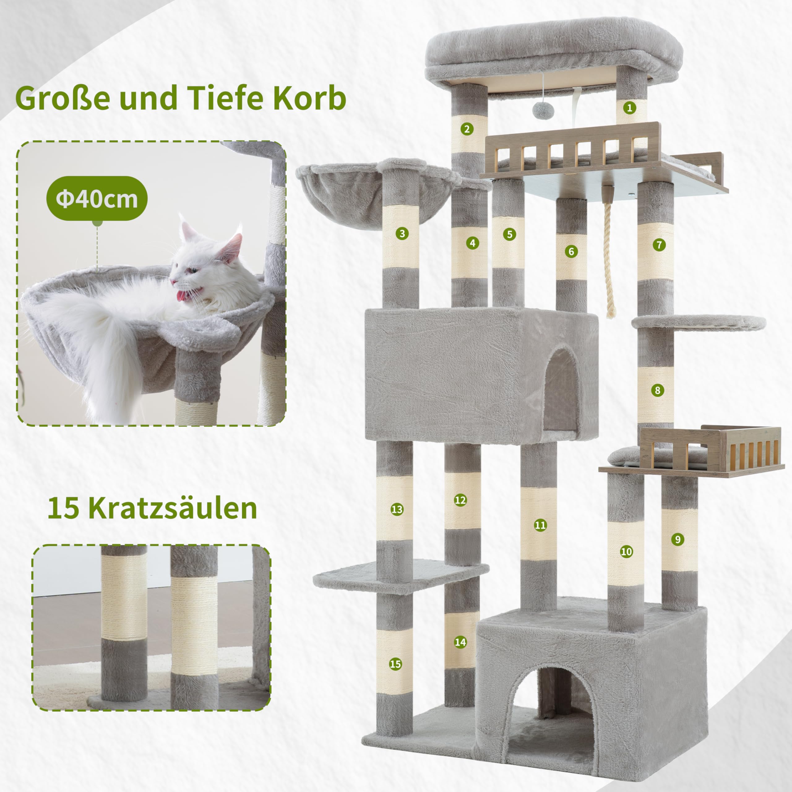 Gitelsnour Kratzbaum groß, Katzenbaum für große ausgewachsene Katzen, 174cm Katzenkratzbaum mit Hängematte, 2 große Sitzstangen, 2 Katzenhöhlen,15 Kratzstangen, Hellgrau GCT033W