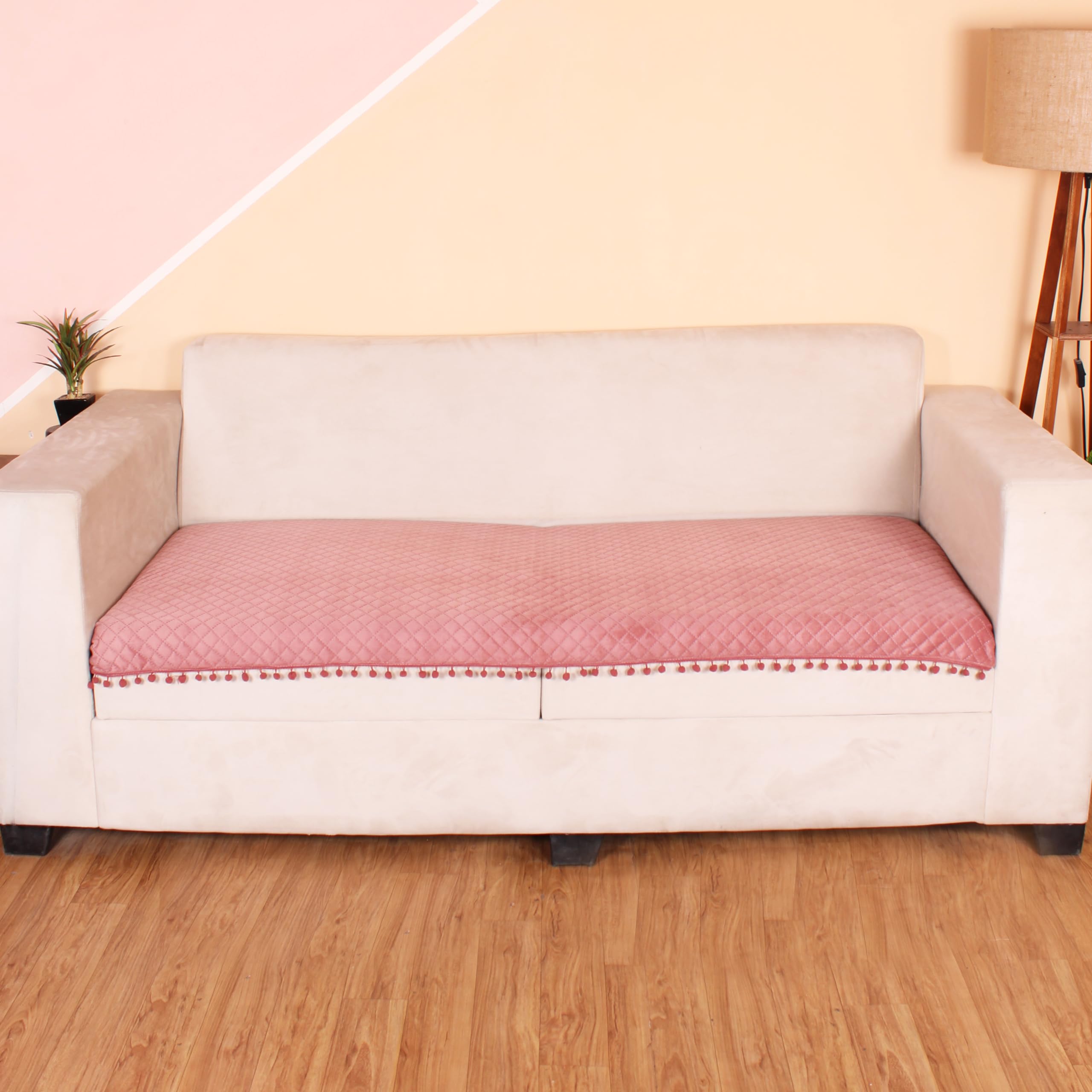 STITCHNEST2 Seater Quilted Velvet Sofa Cover Protector with Pompom (Peach)