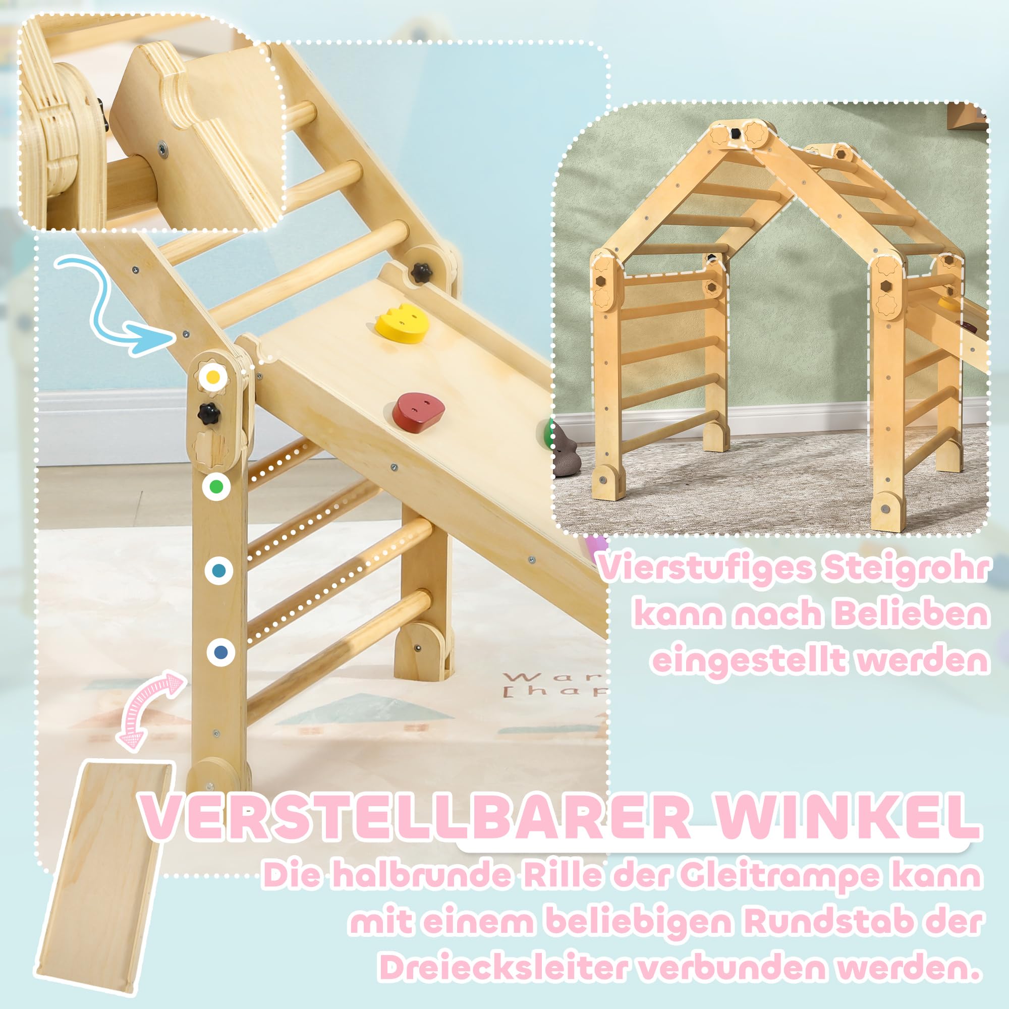AIYAPLAY 3 in 1 Montessori Klettergerüst mit Rutsche für 1,5-4 Jahre | Indoor, Holz Kletterdreieck, Kletterwand, Indoor Spielplatz, für Kleinkinder und Kinder