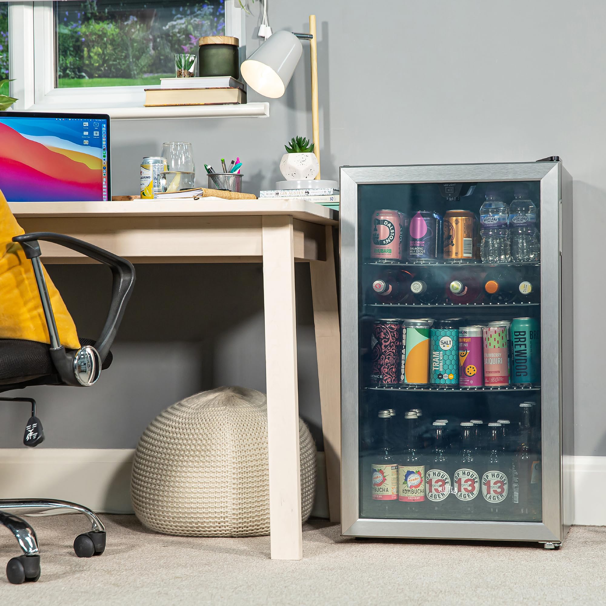 Kuhla Mini Fridge 93 Litre Undercounter Freestanding Beverage/Drinks Wine Fridge for Beer Stainless Steel, LED Light, Drinks & Snacks Glass Door, 3 Adjustable Shelves, Energy Efficient, K48BC101SS — view 4
