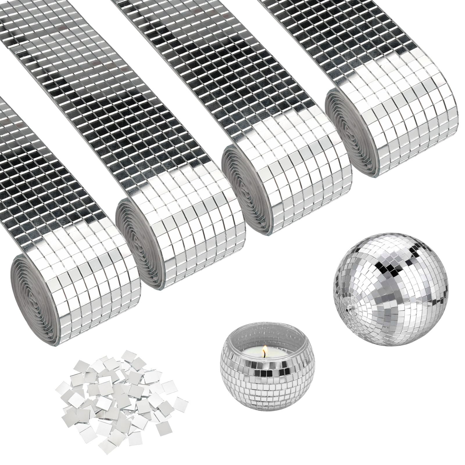 4 rolki samoprzylepnych mini luster 5 x 5 mm szkło - mozaika lustrzana | Płytki, kulki dyskotekowe do KTV i dekoracji DIY, 4 x 100 cm / rolka