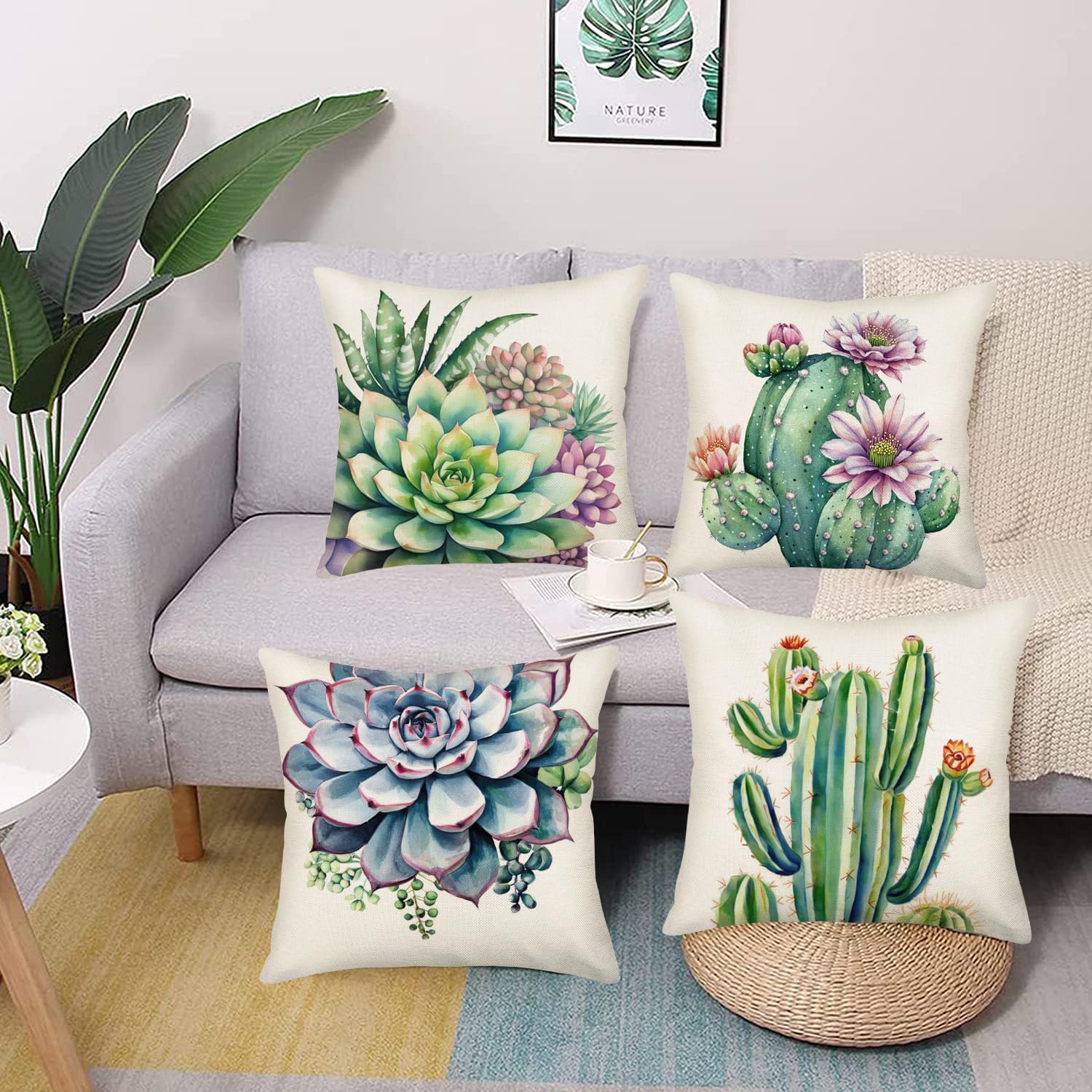 Fukeen Succulent Cactus Plants Pillow Covers Set of 4 20x20 Inch Spring Summer Tropical Flower Cacti Throw Pillow Cases Farmhouse Decorative Cushion Cover for Sofa Couch