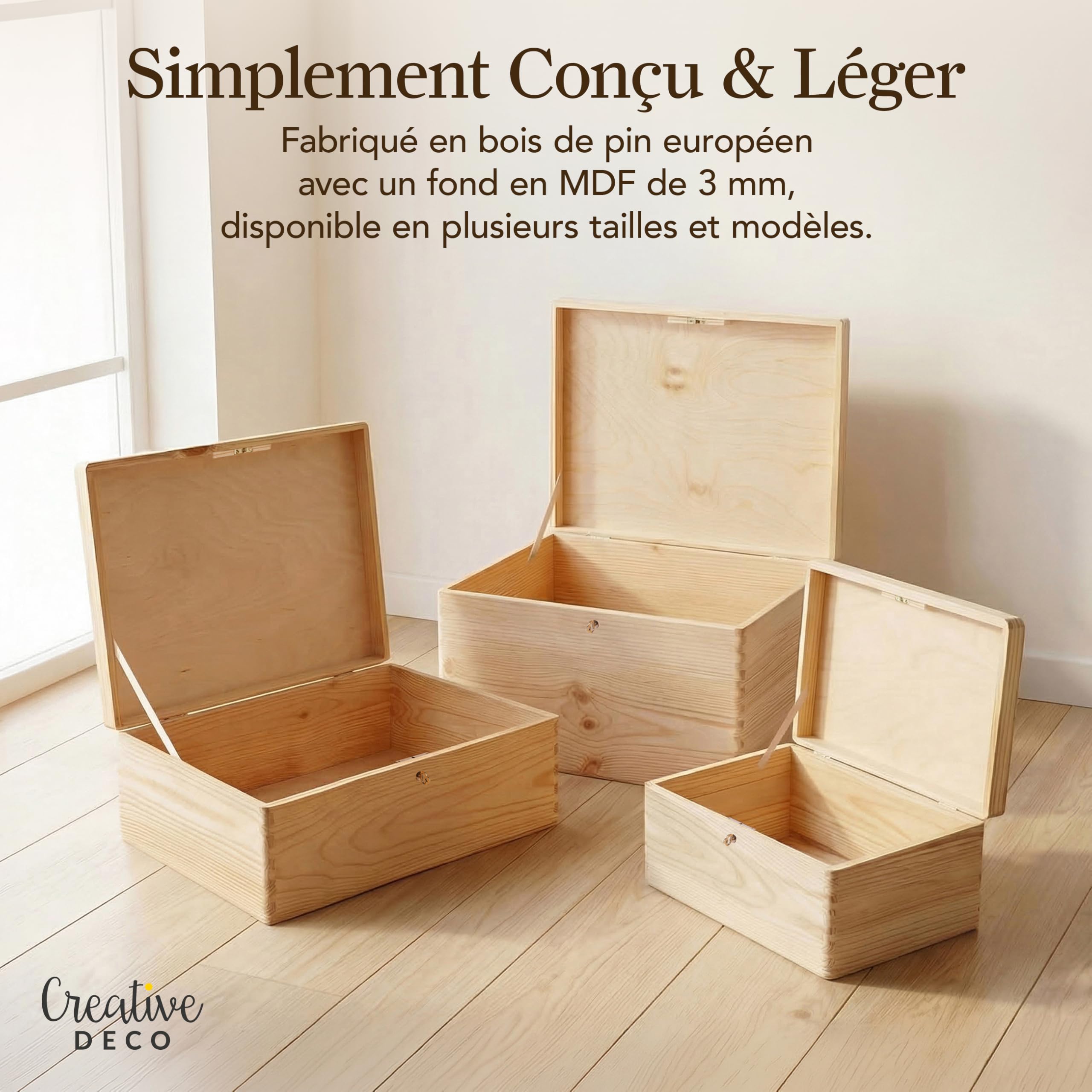 Creative Deco Boite Rangement en Bois avec Clé | 40 x 30 x 24 cm (+/- 1 cm) | Non Peint | avec Couvercle | Boite en Bois | Boite a Souvenir | Boîte Caisse Malle Coffre | Brut ET Non PONCÉ