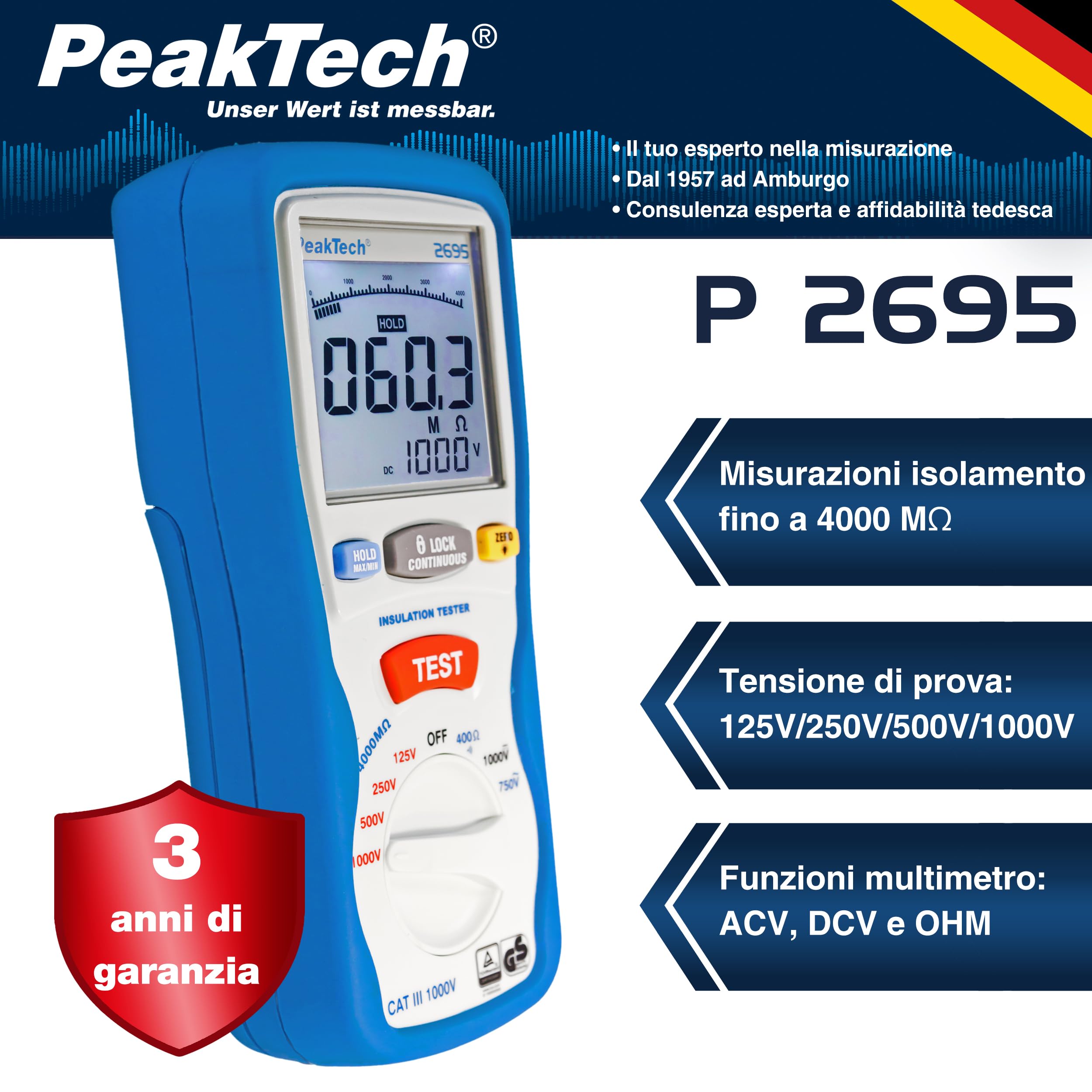 Peaktech P 2695 - Tester per Isolamento Elettrico, Voltmetro, Tester di Continuità, Circuiti e Fusibili, Funzioni Min/Max e Blocco Dati, Tüv/Gs - 125 V, 250 V, 500 V, 1000 V