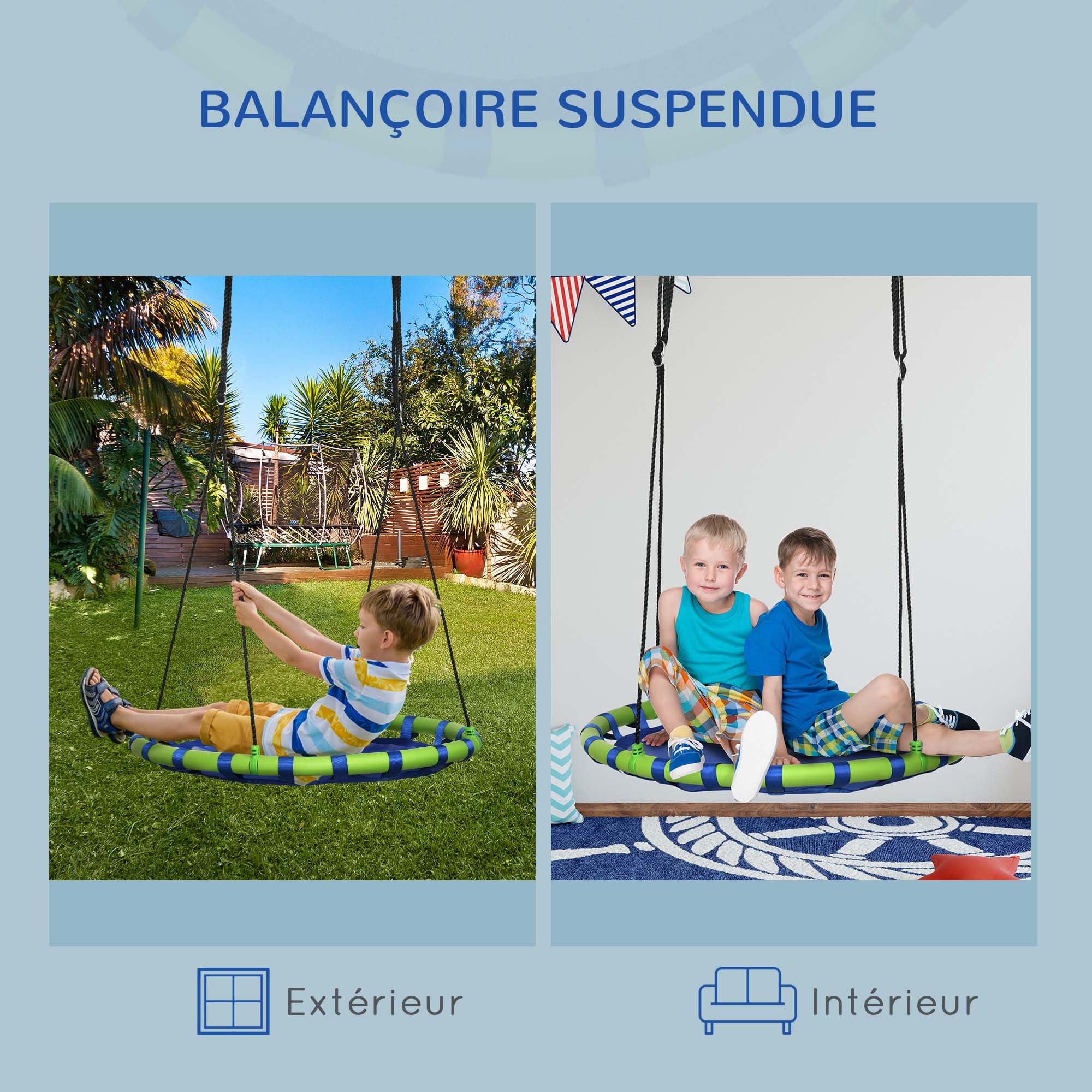 Outsunny Balançoire Nid d'Oiseau Ronde Ø 100 cm Réglable Jardin Bleu | à Suspendre, Enfant Adulte, Capacité de Charge 150 kg, Extérieur, Cadre en Acier, Textilène