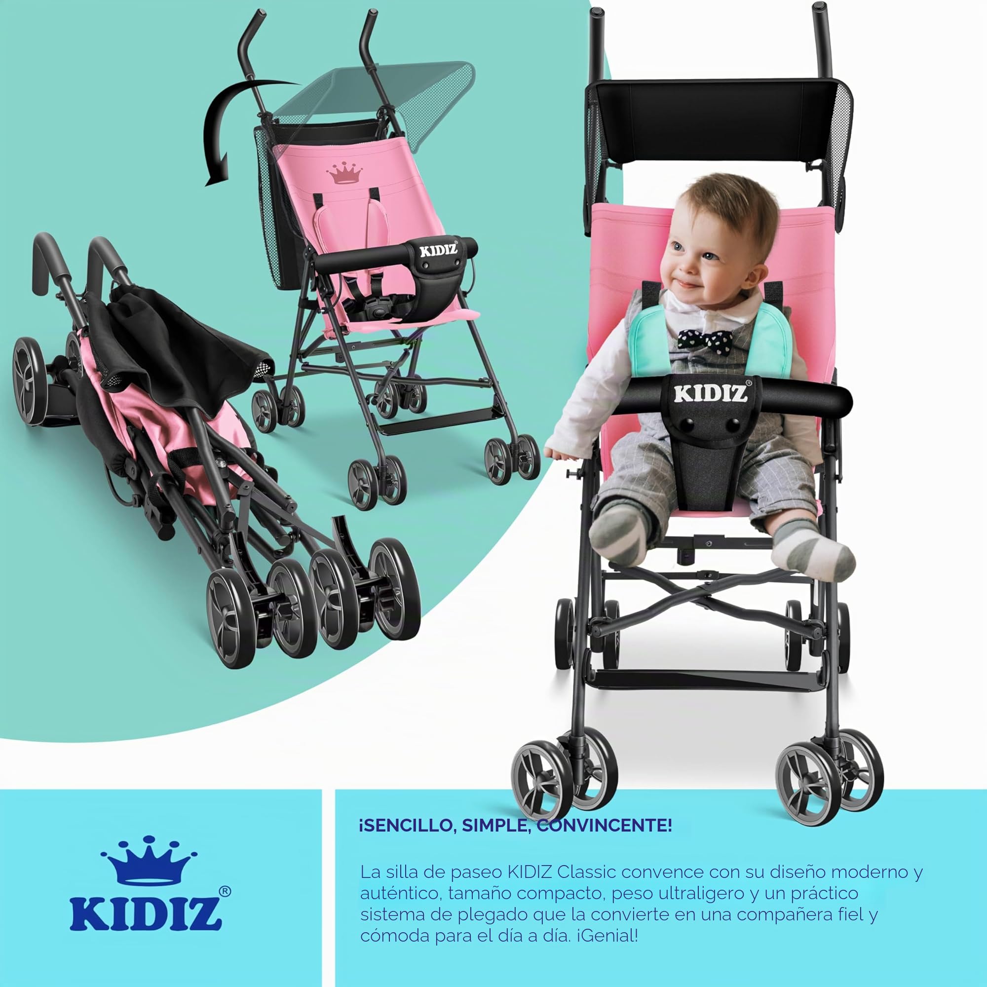 KIDIZ® Silla de paseo CITY Buggy, silla de paseo infantil plegable y reclinable, silla de paseo plegable 360°, ruedas de 4 pulgadas, Incl. capota plegable para el sol y la lluvia