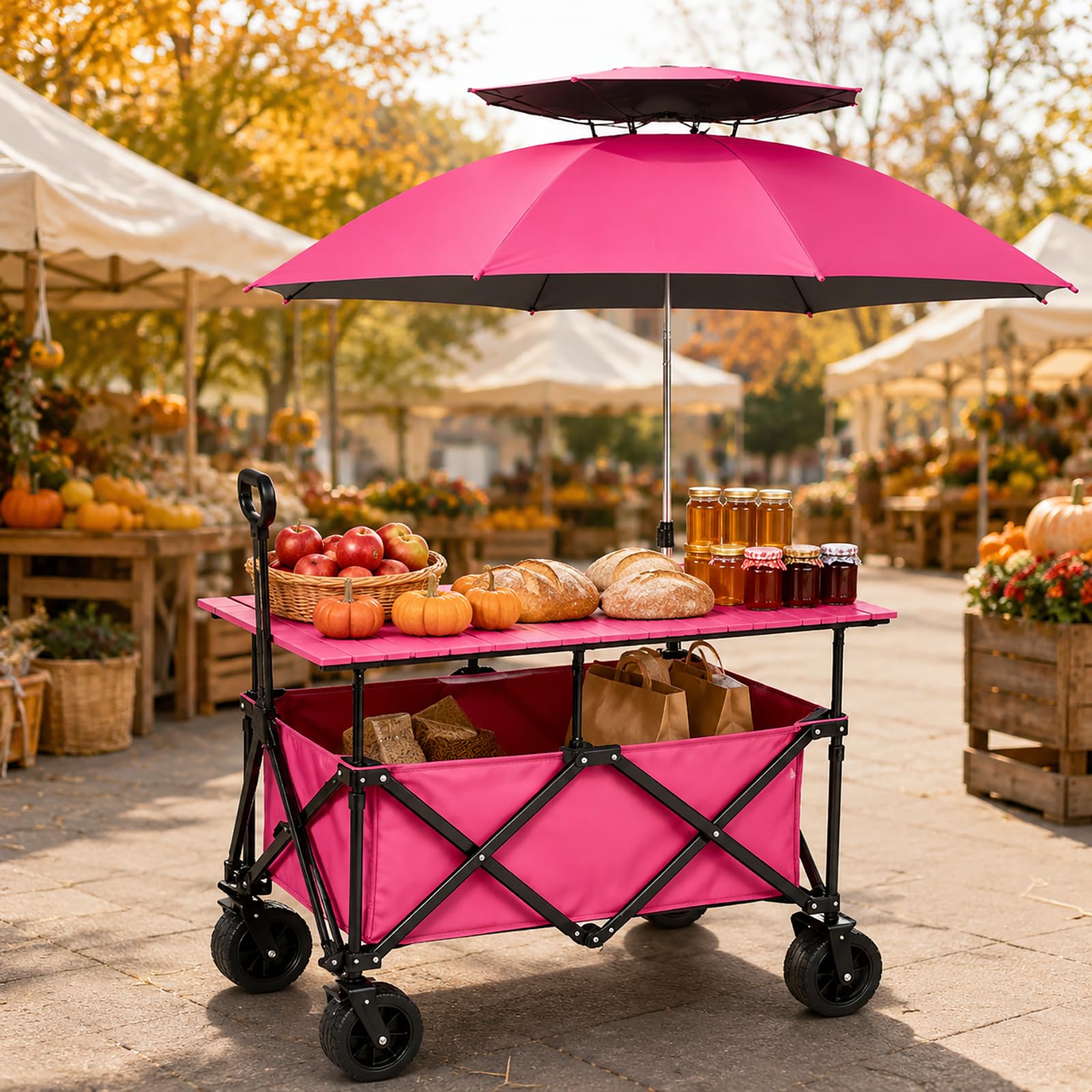 Carrello da Vendita Pieghevole con Tavolo e Ombrellone per Mercatini | Vano da Circa 220 L, Ruote Piroettanti con Freno per Eventi all’Aperto(rose-pink)